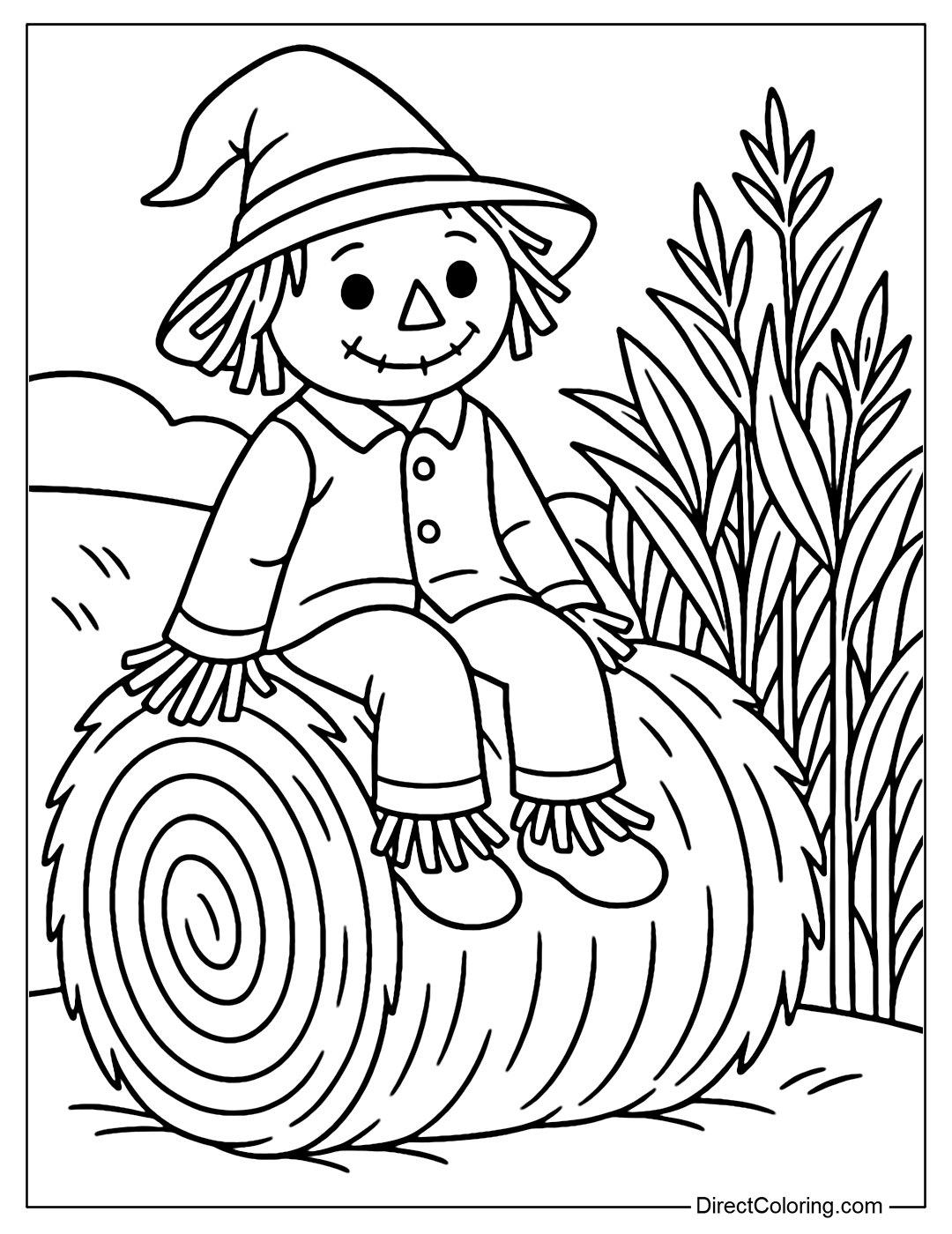 Scarecrow coloring page sitting on a large roll of straw, a gentle face, next to a green cornfield.