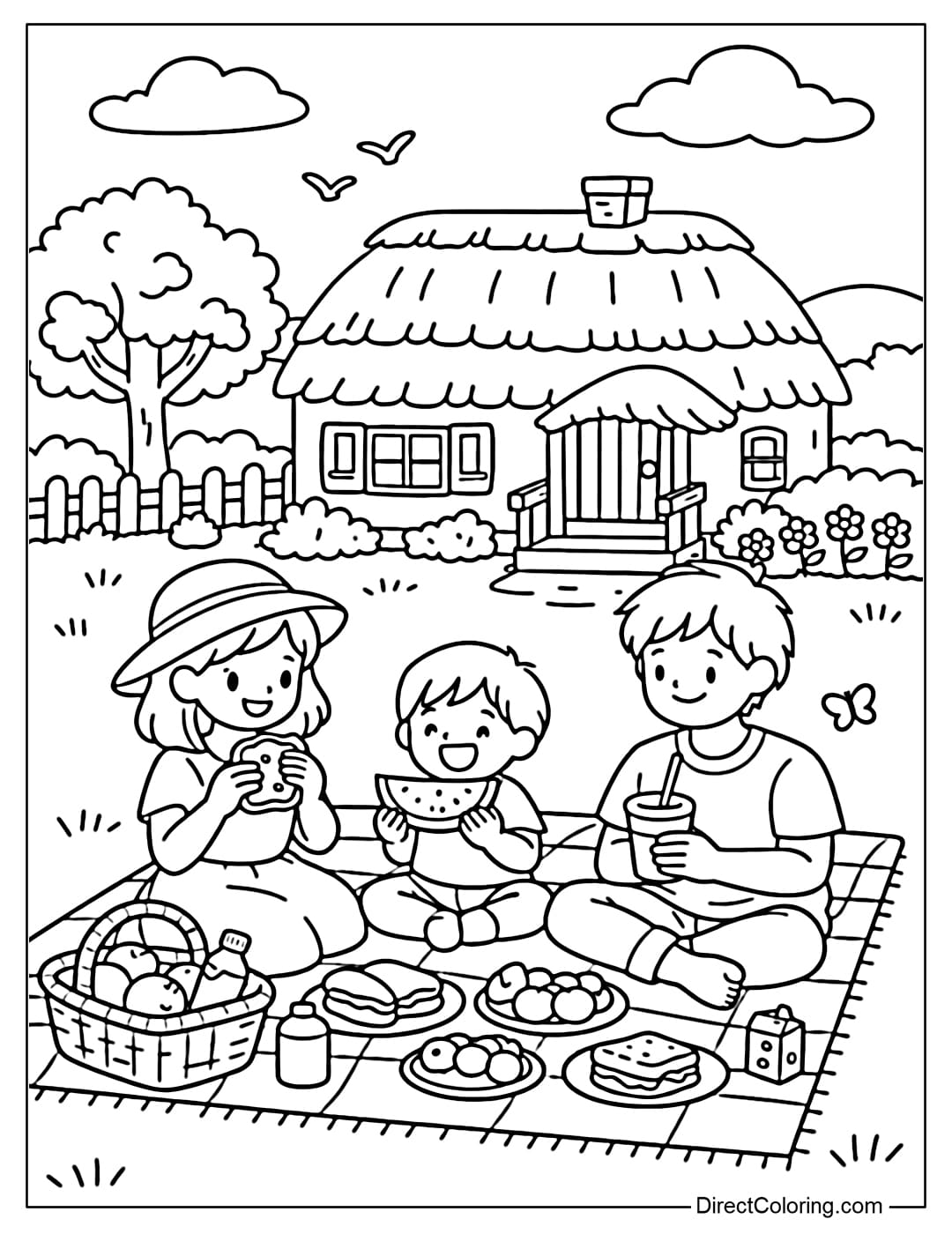 A coloring page showing a small family picnicking in front of a village house with a simple basket of food.
