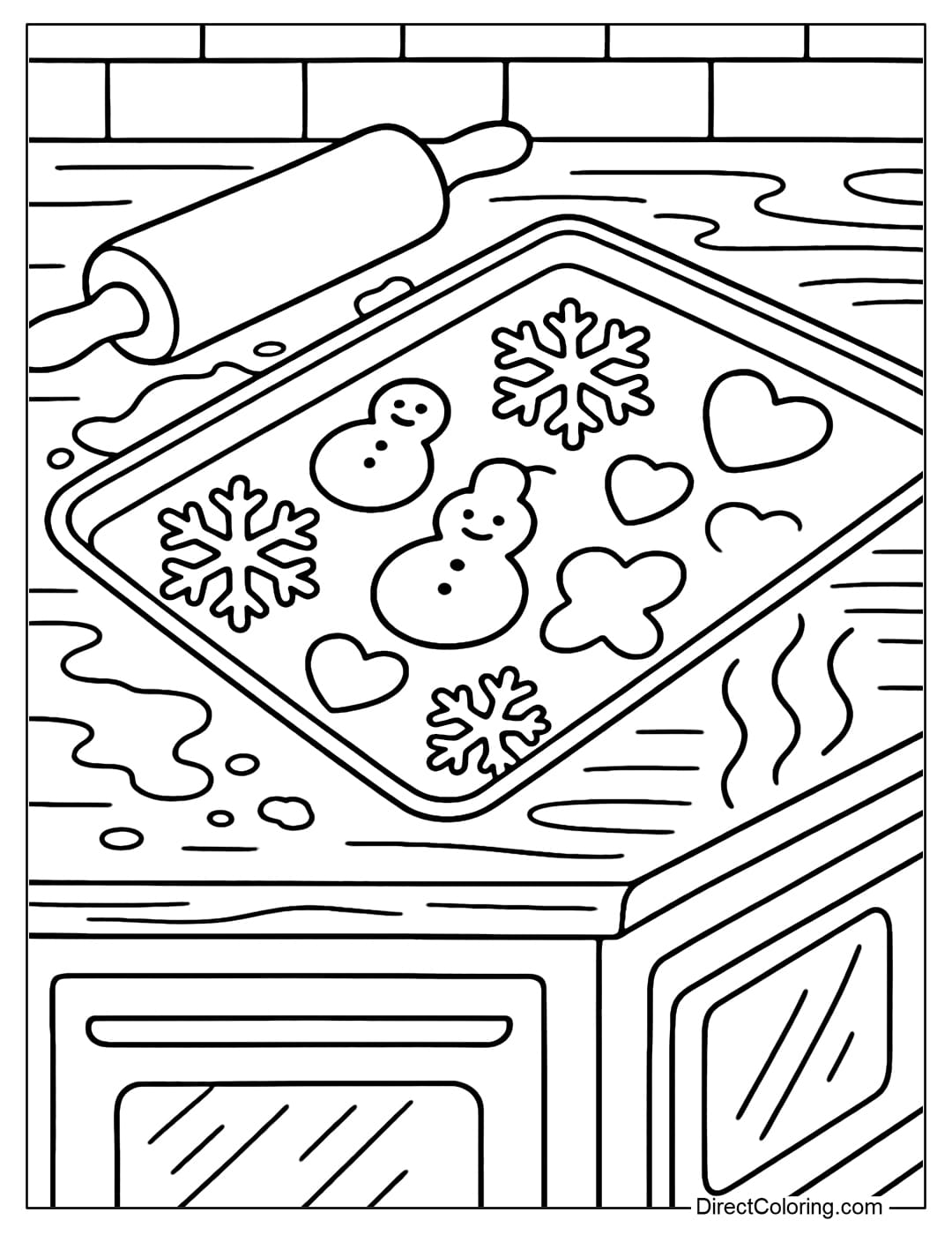 Coloring page of a kitchen table with a tray of snowflakes, snowmen and hearts, with rolling pins, flour, and heat from the oven spreading.