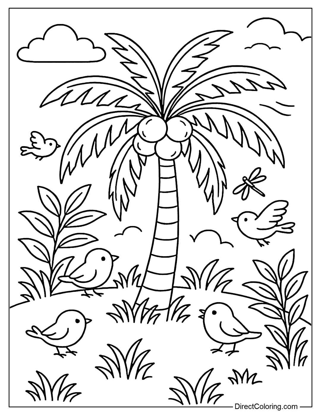 Coloring page of a coconut tree with small birds, dragonflies and grass.