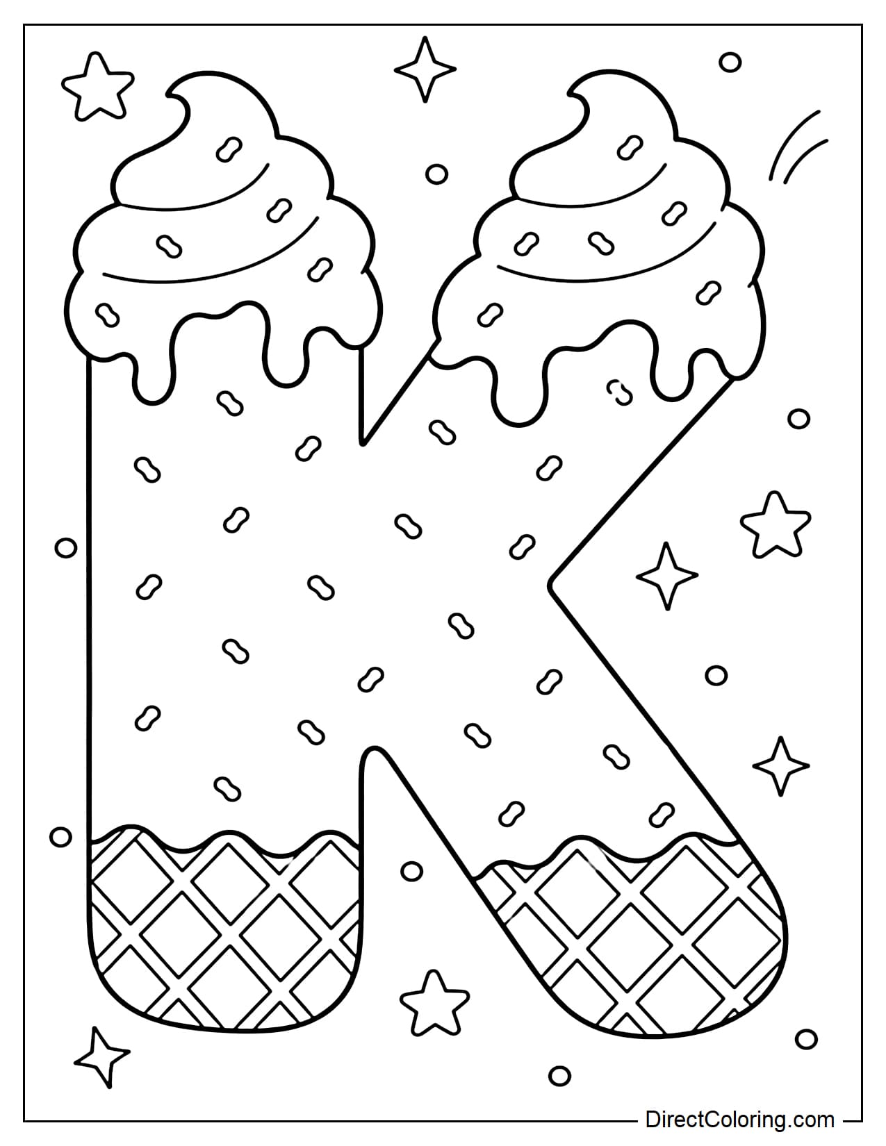 A large, bubble-shaped uppercase letter K made from soft-serve ice cream, with a lightly melted cream topping, sprinkles scattered throughout, and a waffle-like texture at the base. It's surrounded by small stars and dots.