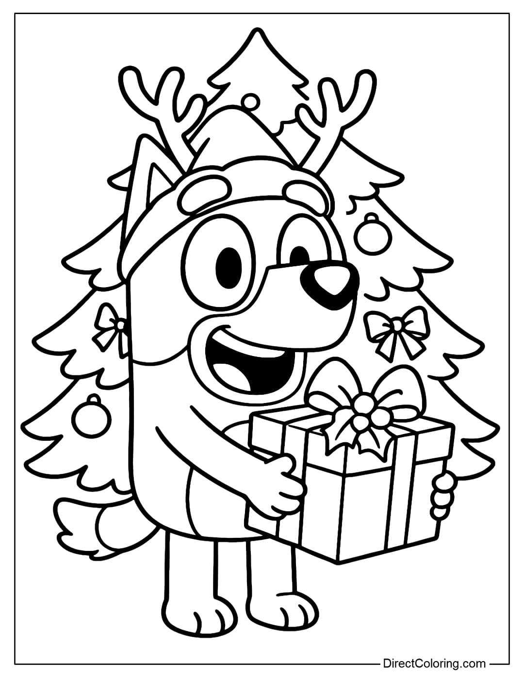 Coloring page Bluey wearing a Santa hat with reindeer antlers is holding a large gift box with a big bow with holly leaves. Behind Bluey is a large Christmas tree.