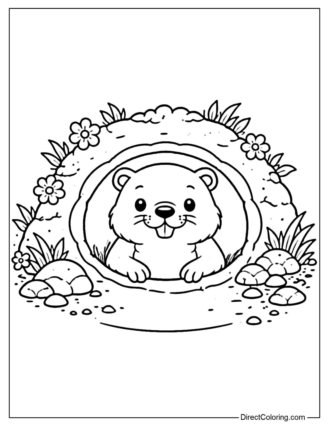 A coloring page featuring a groundhog and its round burrow.