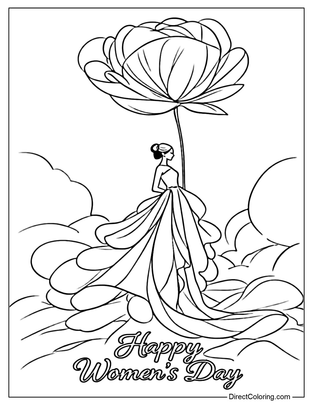Coloring page for a woman wearing a long, flowing dress like a large flower, with a blooming flower reaching high above, and the words Happy Women's Day below.