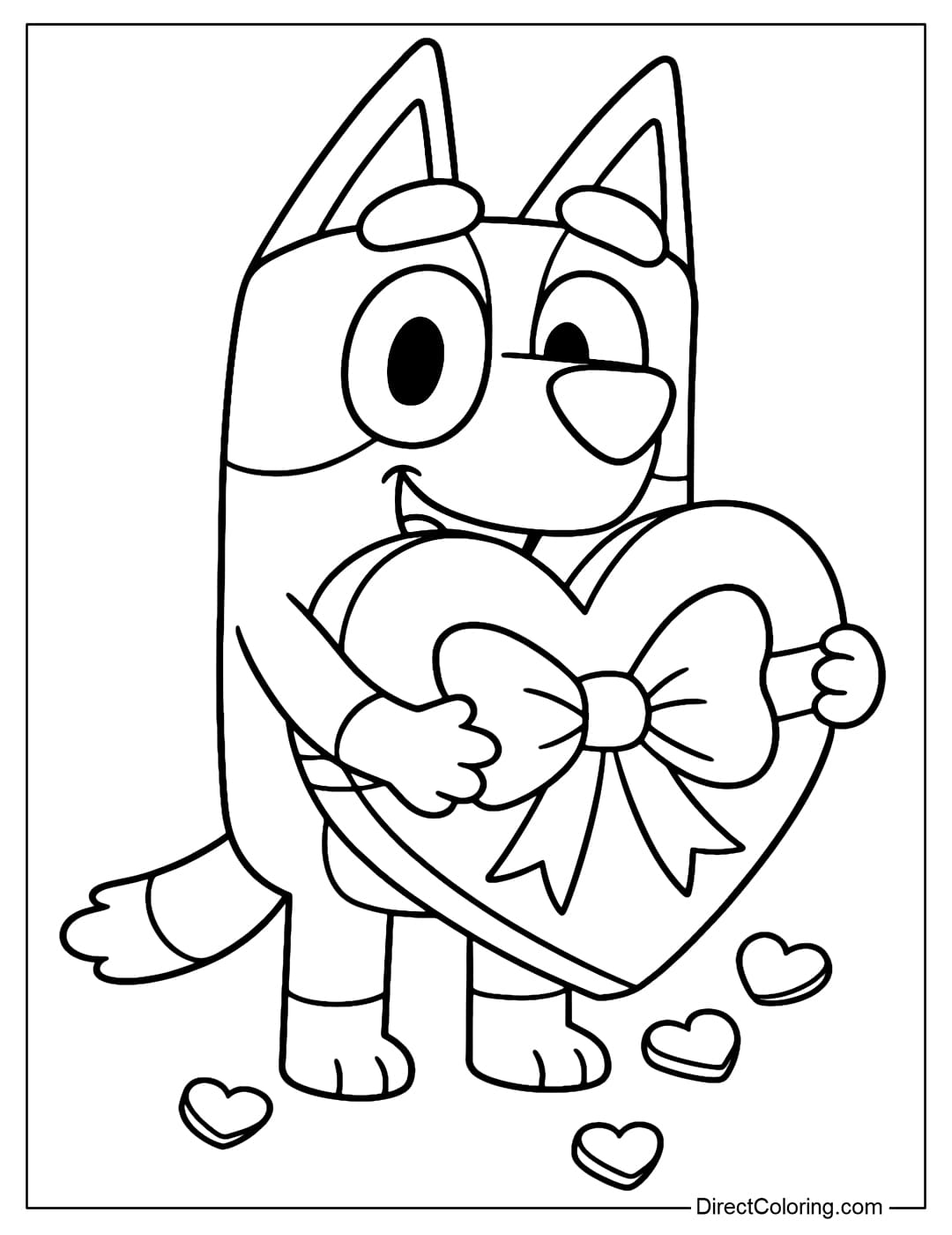 Bluey Coloring Page holding a box of chocolates larger than him, with a big, soft bow.