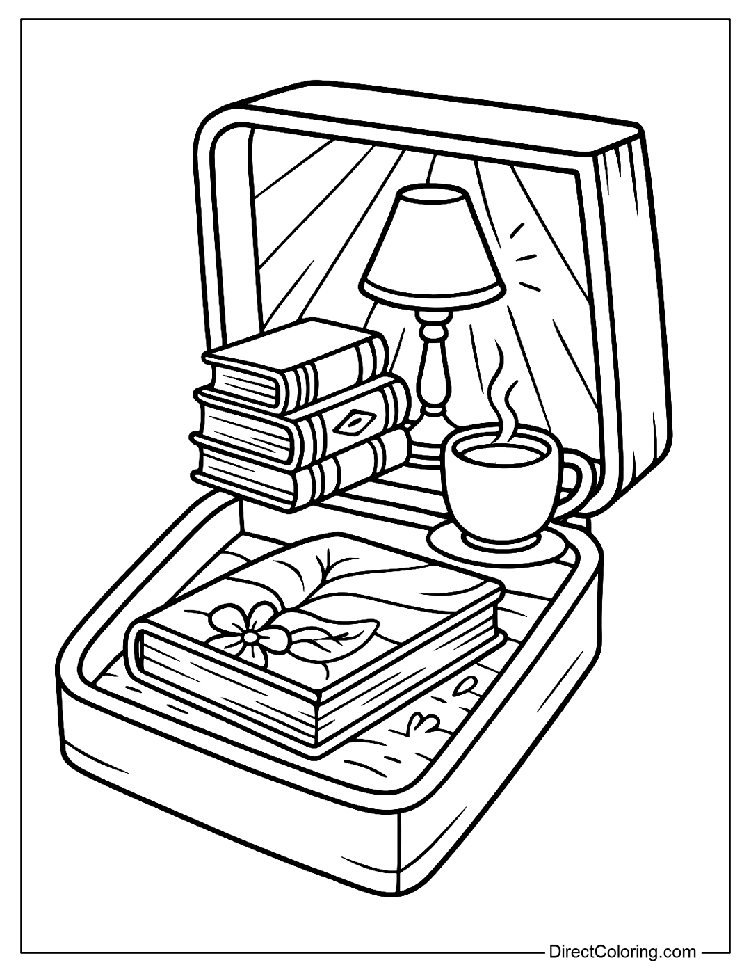 Book Compact Coloring Page that opens to a reading nook with old books, yellow lights, and cups of cocoa