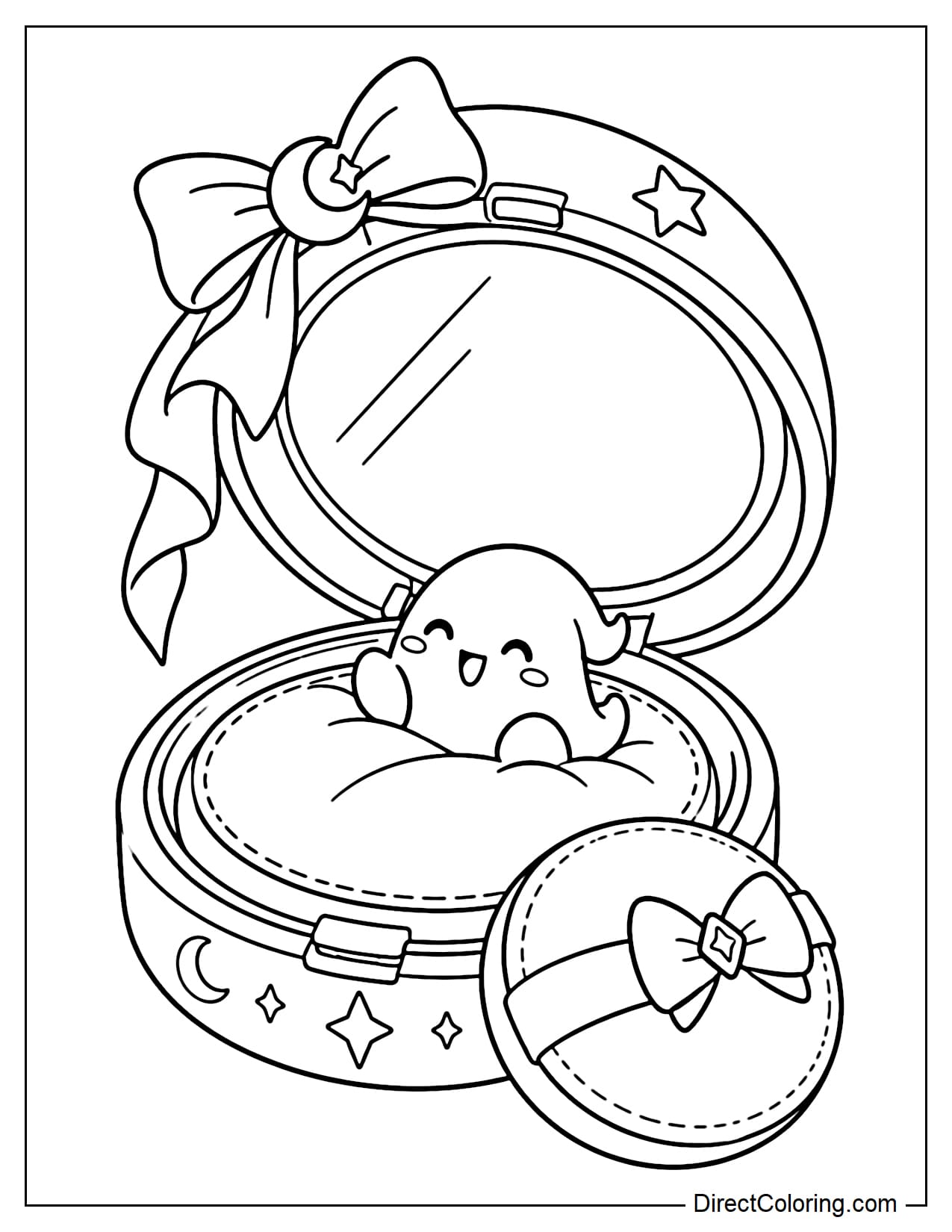 A giant cushion compact is opened wide, revealing a large round cushion with a tiny ghost peeking up from inside. A soft powder puff rests beside it, while the lid is decorated with a large bow and crescent moon.