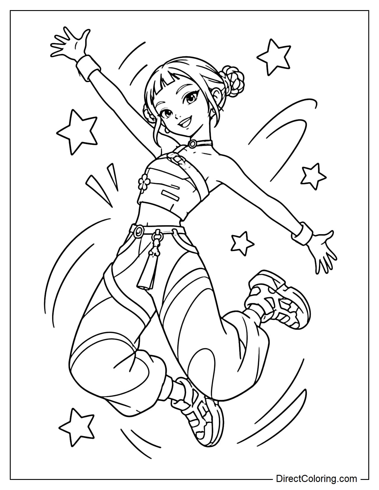 Zoey is jumping playfully with both legs slightly bent and her arms extended out to the sides. Her expression is cheerful, energetic, and full of excitement.