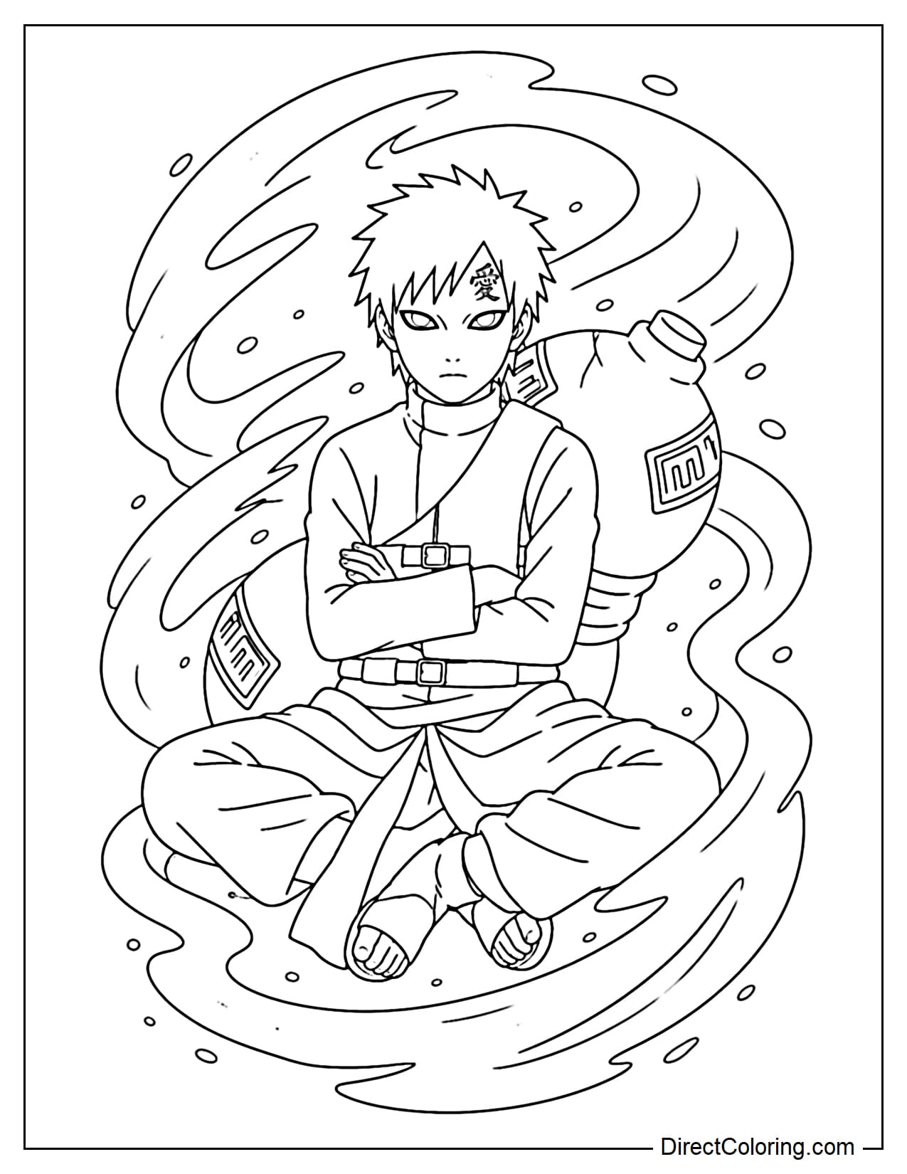 Gaara sits still with a swirling circle of sand around him, silent but powerful.