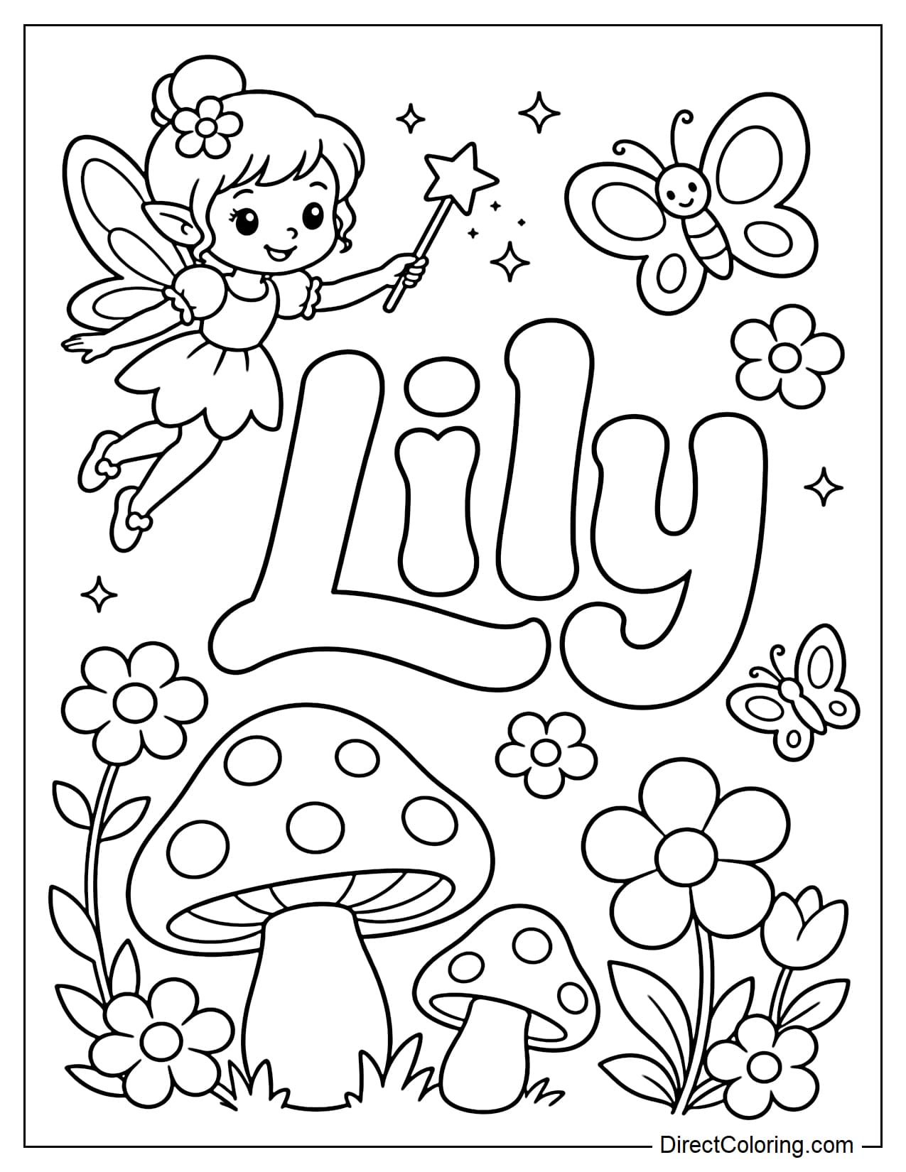 A coloring page with the name Lily, featuring gently curved letters, surrounded by a little fairy, a magic wand, mushrooms, flowers, and butterflies.