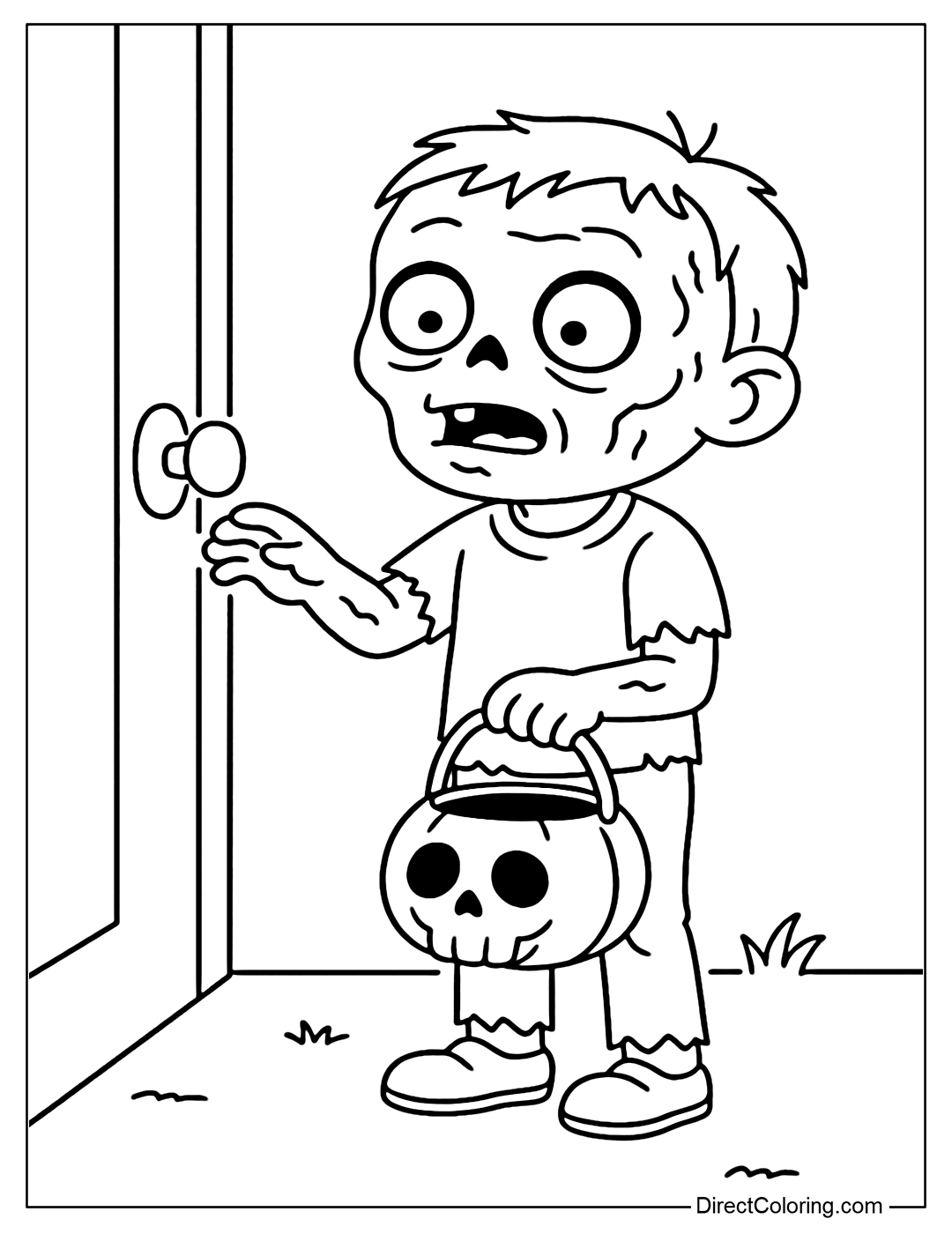 Coloring page of a little zombie knocking on the door asking for candy, holding a basket with a cute skull in his hand.