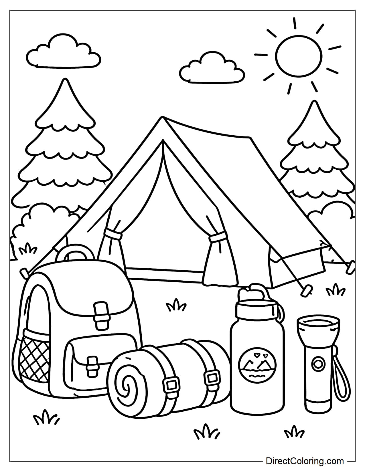 Backpack, sleeping bag, water bottle, and flashlight neatly arranged next to the camping tent.