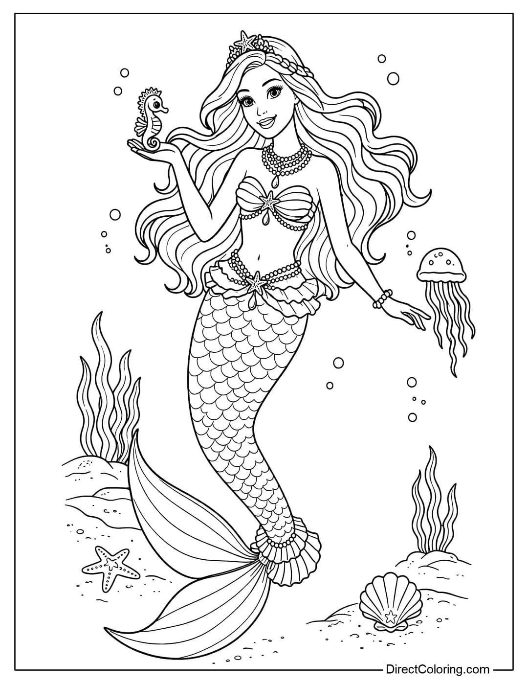 A coloring page of Barbie mermaid under the ocean.