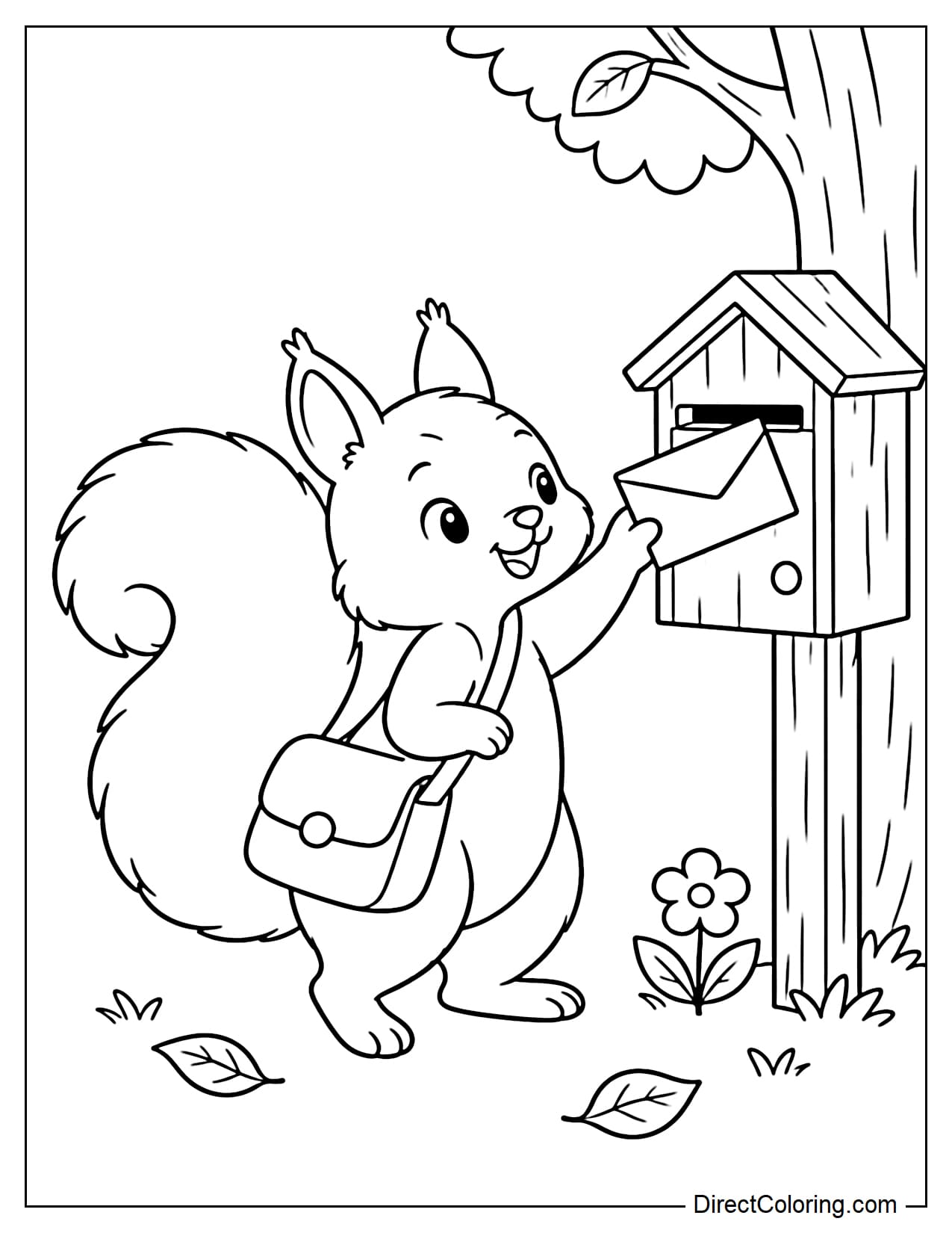 A cute squirrel wearing a small mailbag over its shoulder and placing a large envelope into a wooden mailbox beside a tree.