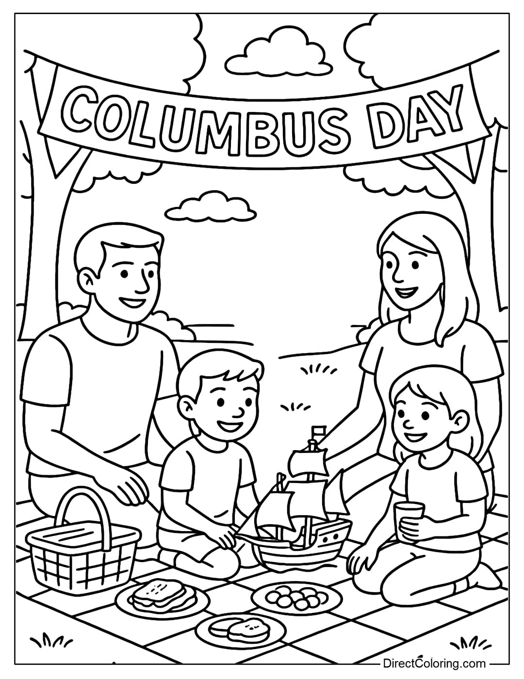 Coloring page of an American family having a picnic in the park, with a 