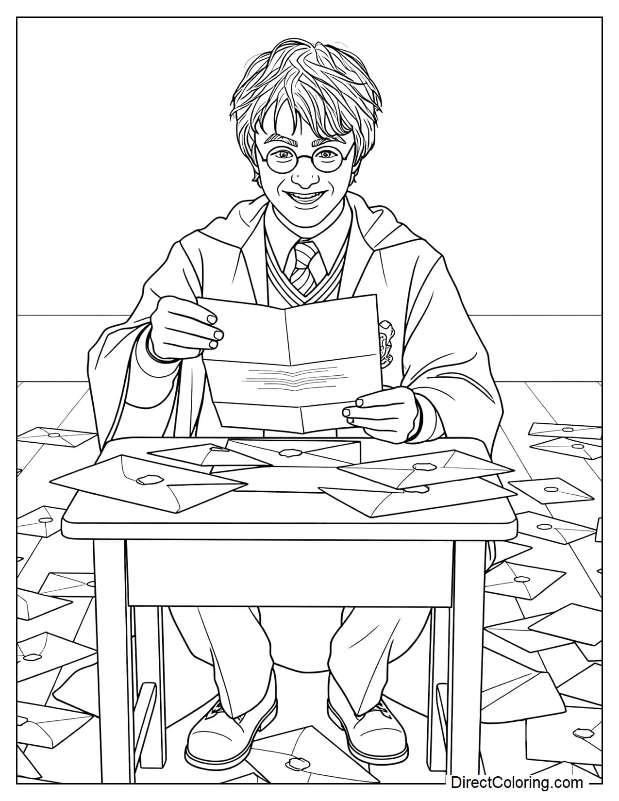 Harry Potter is sitting beside a small table and opening a large Hogwarts letter with a happily surprised expression, with several more letters scattered across the table and floor.