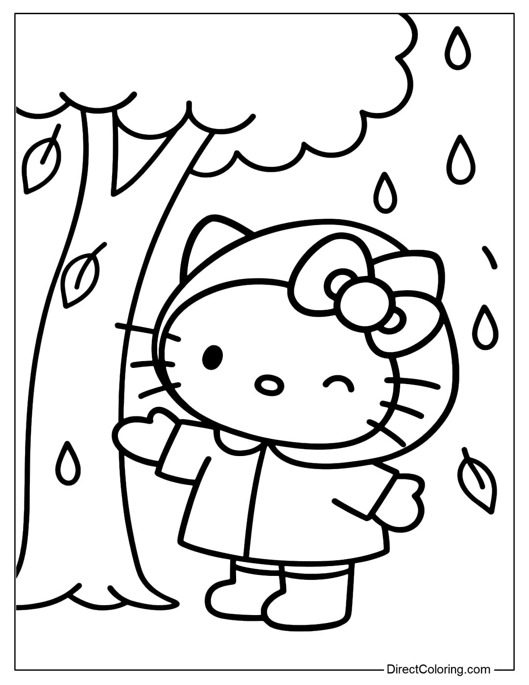 Hello Kitty coloring page wearing a raincoat and boots, standing under a large tree.