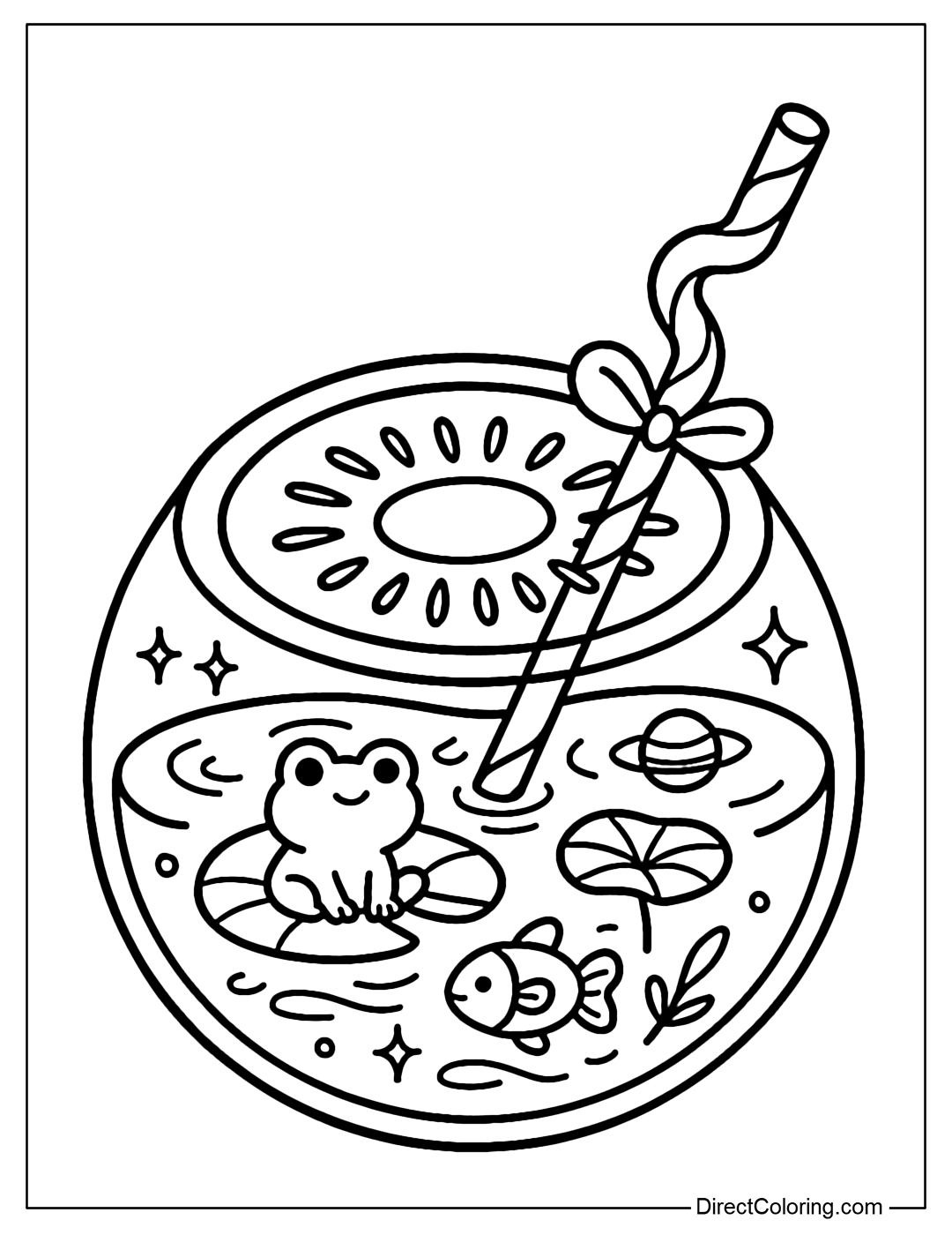 A kiwi fruit coloring page, blue water and bright streaks. Inside is a small lake with lotus leaves and a mini frog, a straw twisted in a wave shape.