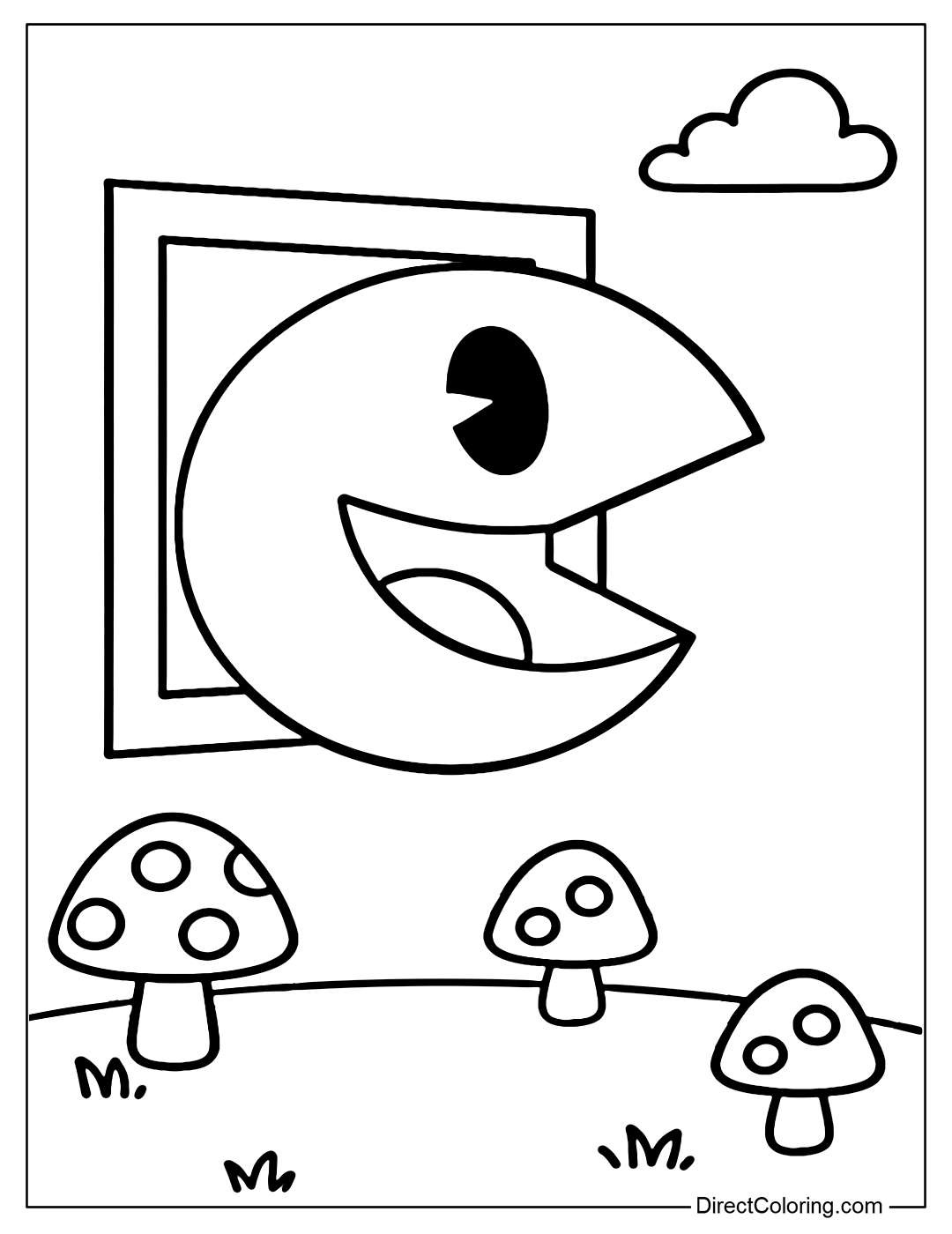 A coloring page of Pac-Man peeking out of a maze cell, a simple background with a few mushrooms and a small cloud.