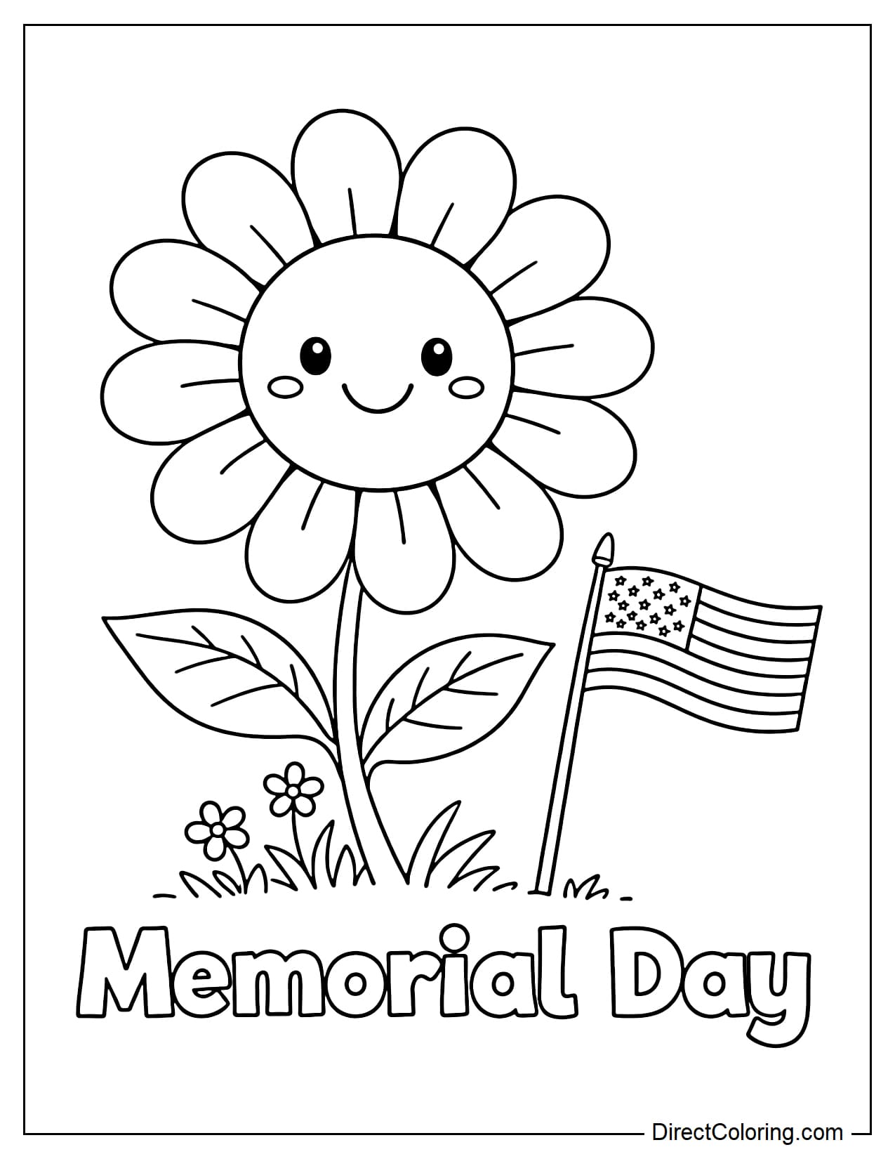 A large flower with a cute smiley face, next to a small American flag.