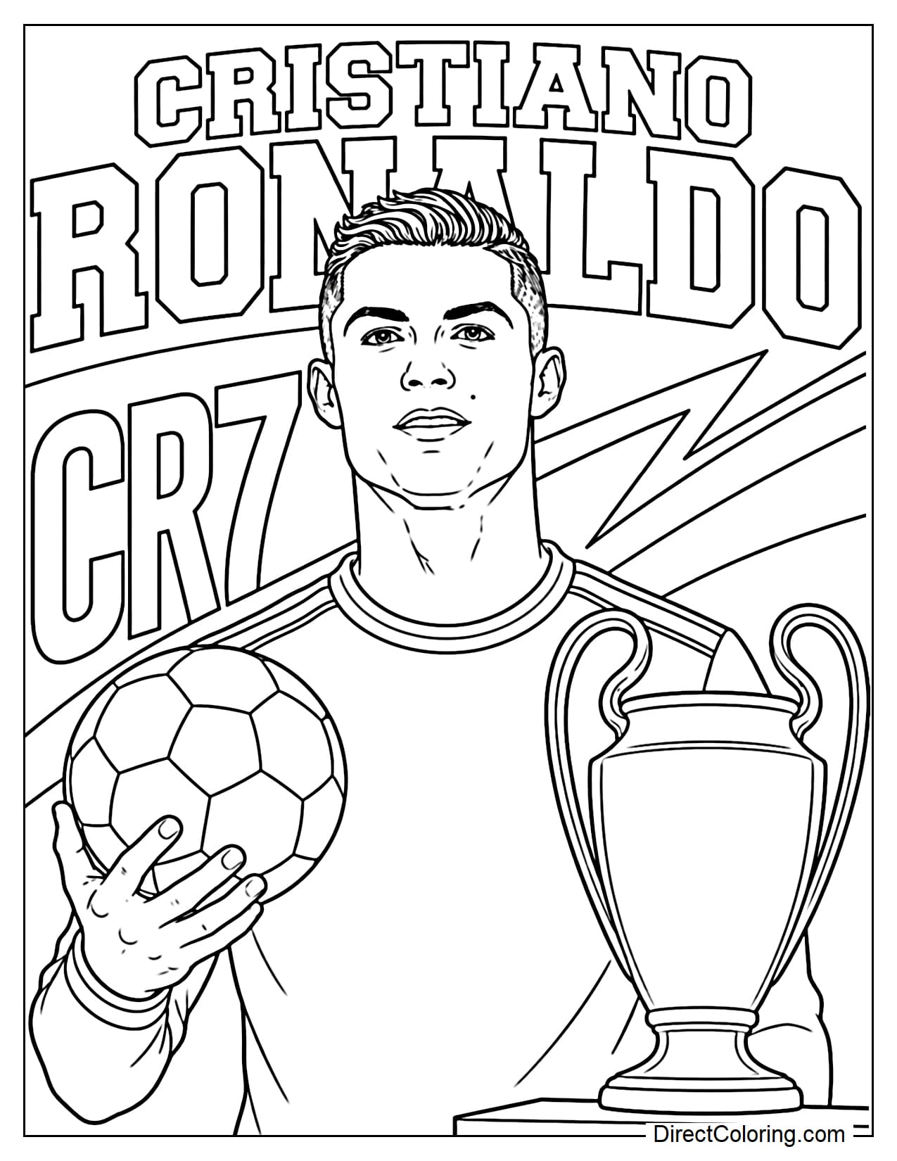 Cristiano Ronaldo half-body, one hand holding the ball, the other side holding the championship trophy. Behind him are the large typography-designed words 