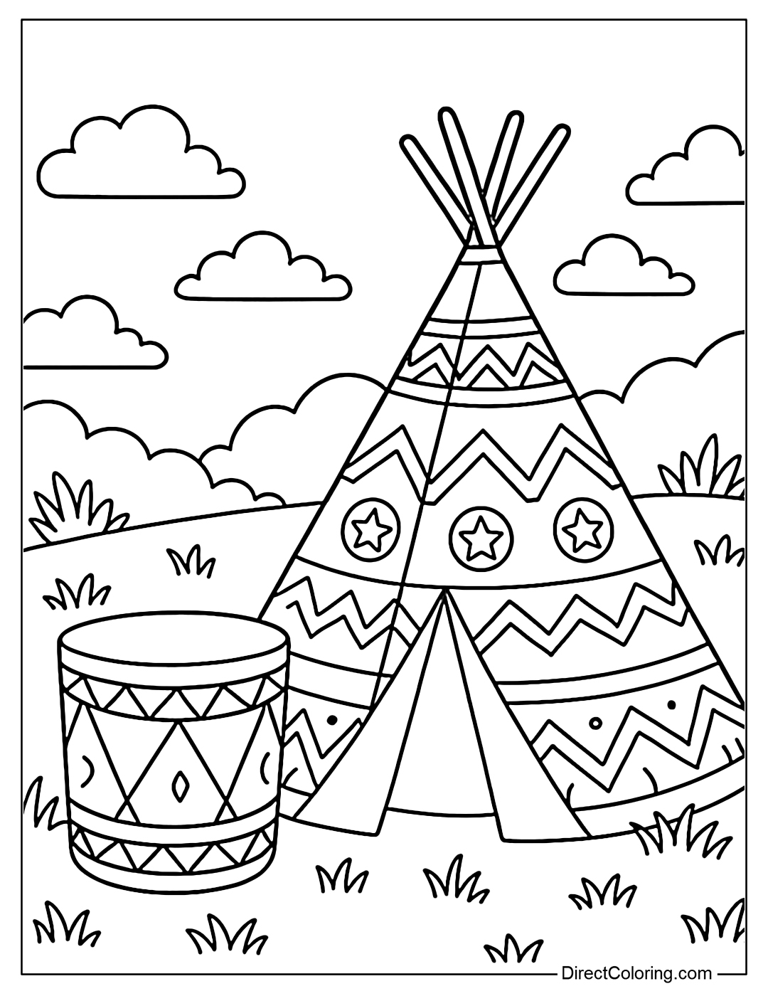 Coloring page of tipi tent, drum, and decorative native motifs.