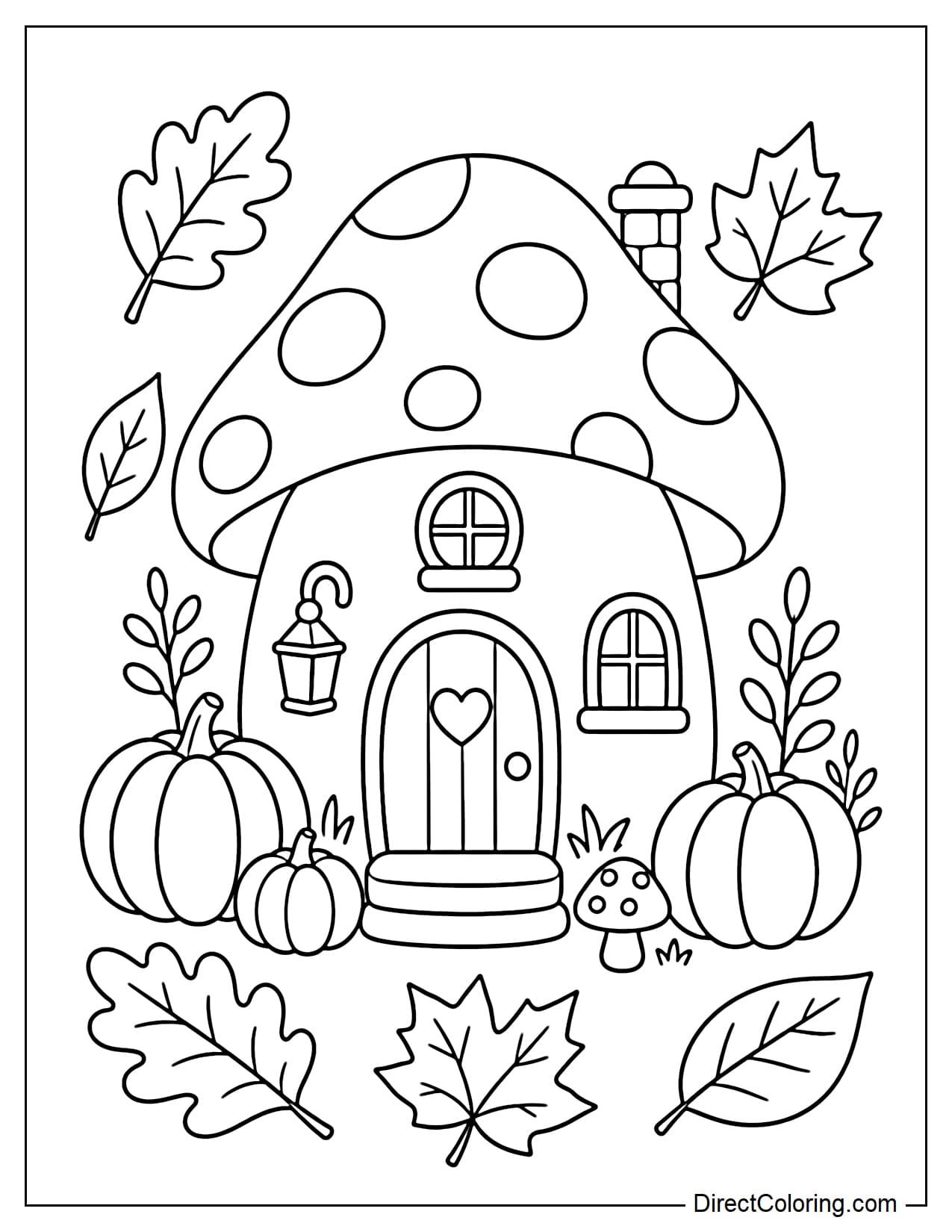 A tiny mushroom house in an October forest, featuring a large round mushroom roof, a small window, scattered autumn leaves, and decorative pumpkins around it.