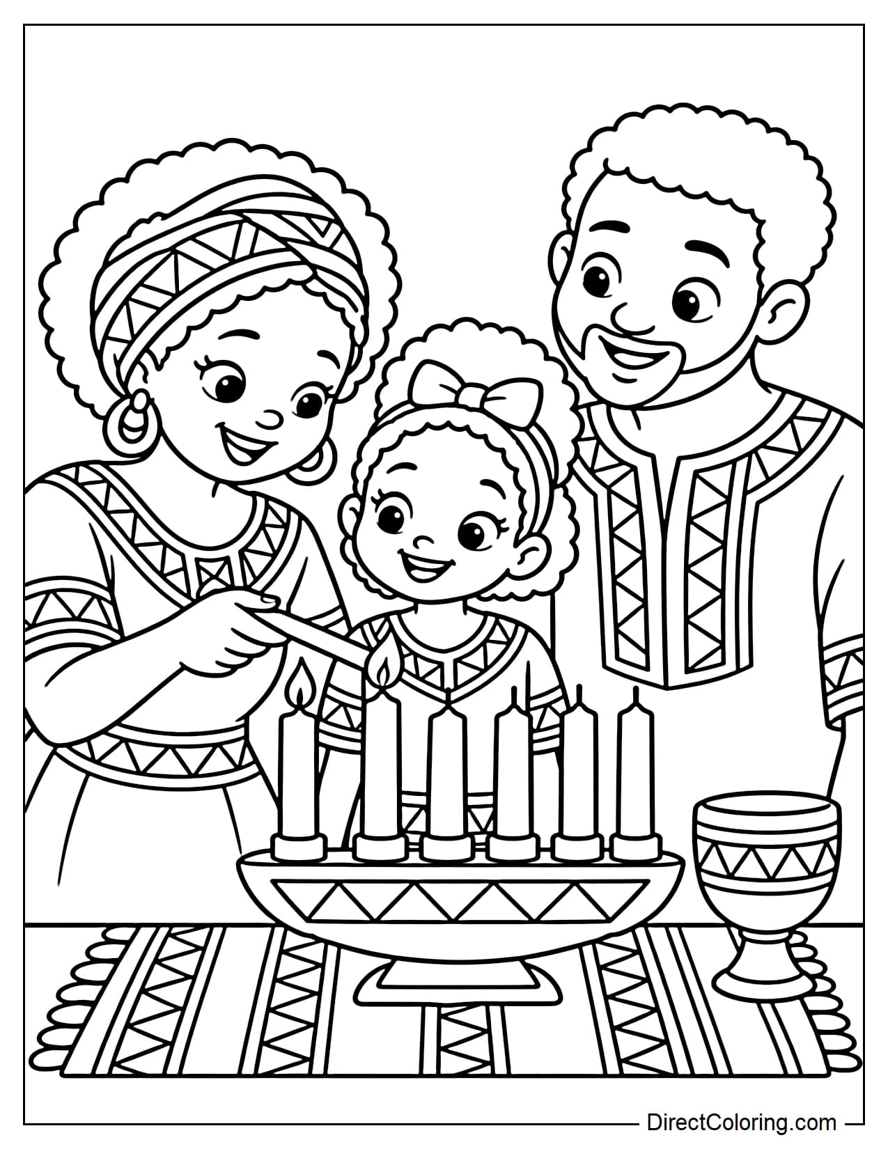 An African American family of three gathers around a table as a mother helps her young daughter light a candle on the Kinara while the father watches.