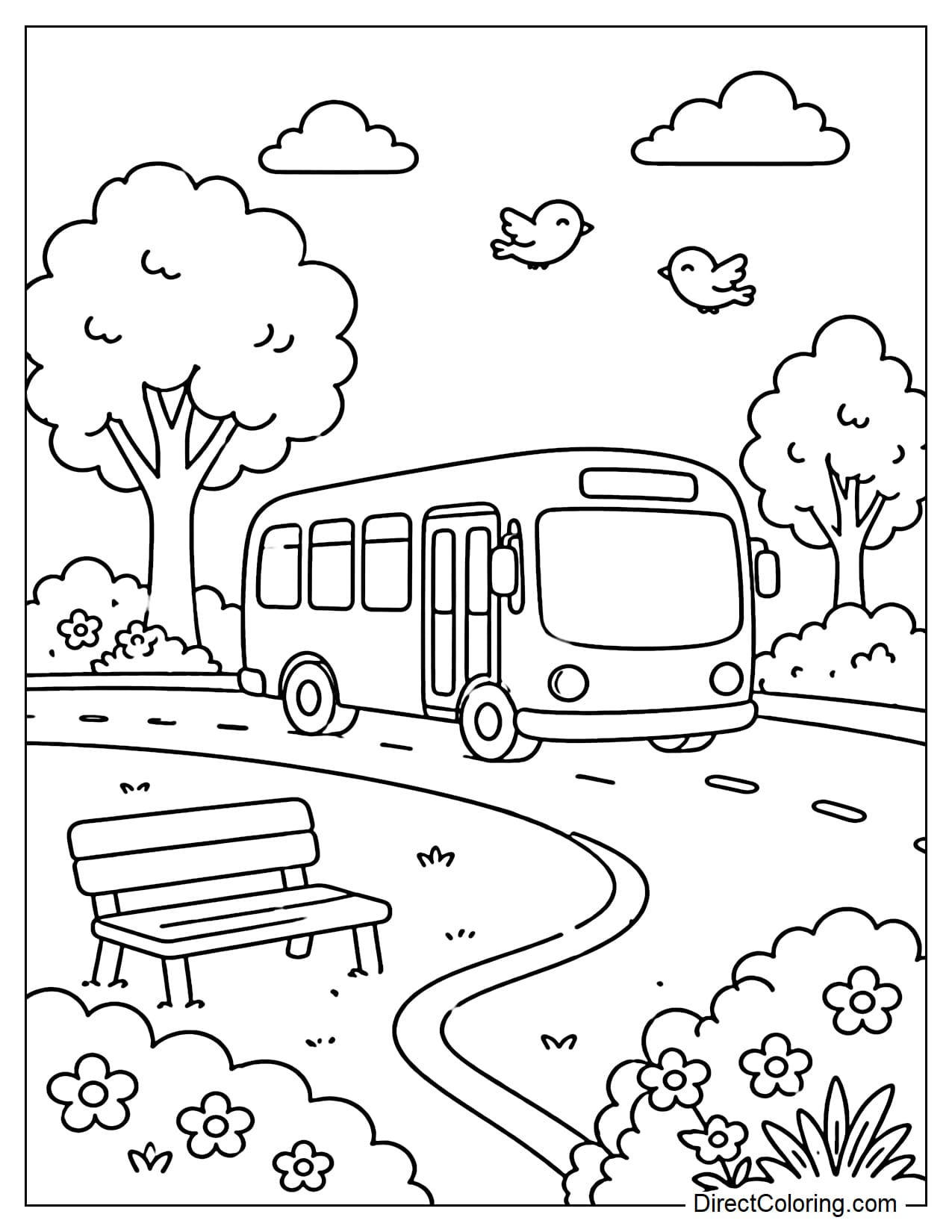 The school bus passes through a park with a few trees, benches, and birds flying.