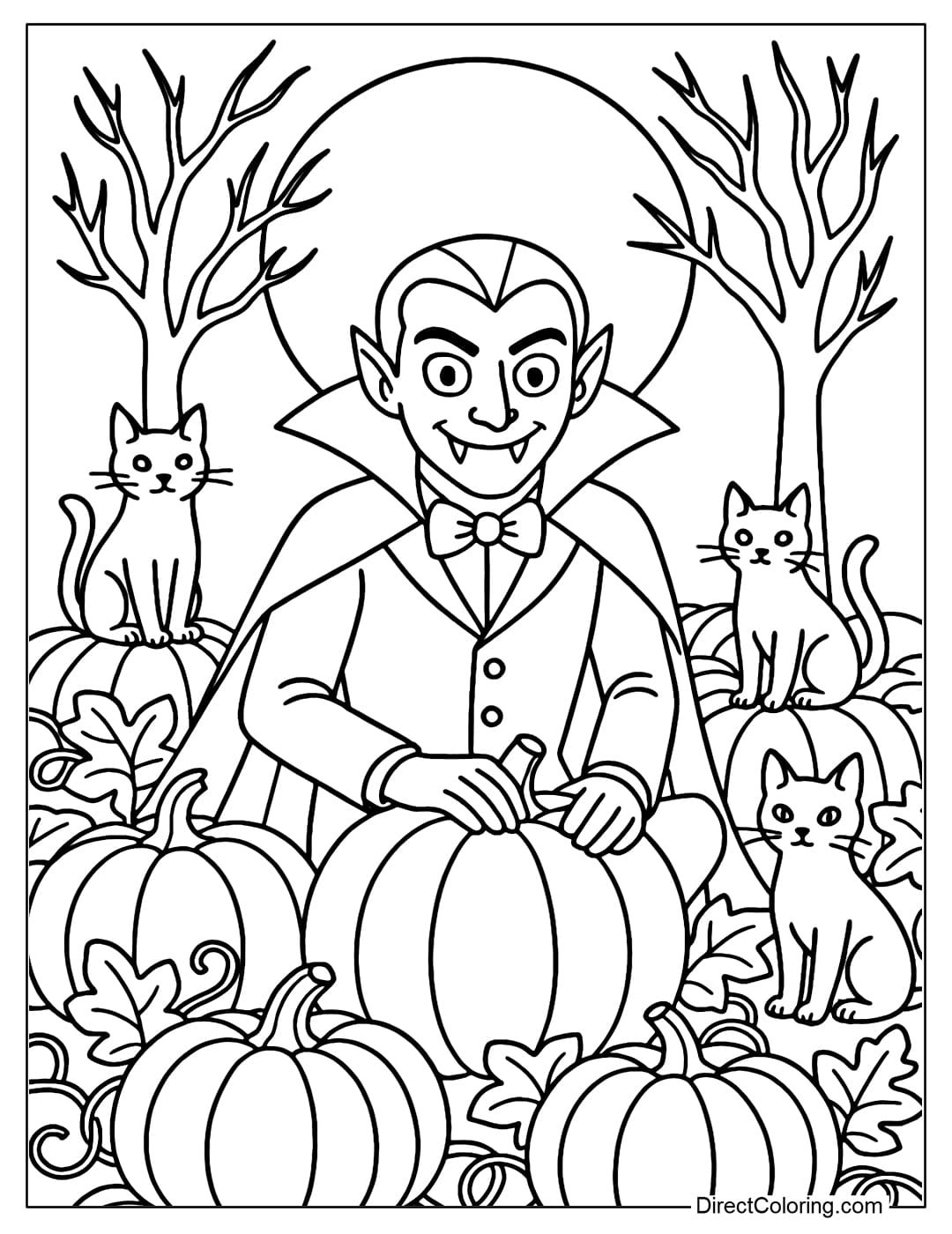 Pumpkin Patch Vampire Coloring Page A cute vampire coloring page sitting in a giant pumpkin garden, a bright full moon behind, a few black cats sitting next to it.