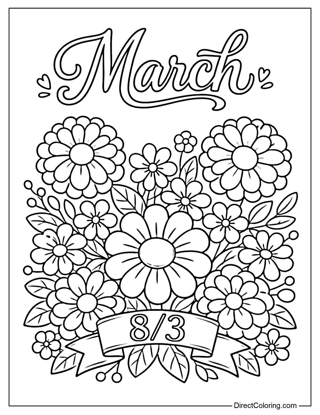 Coloring page of soft, round flowers symbolizing International Women's Day, with the word 