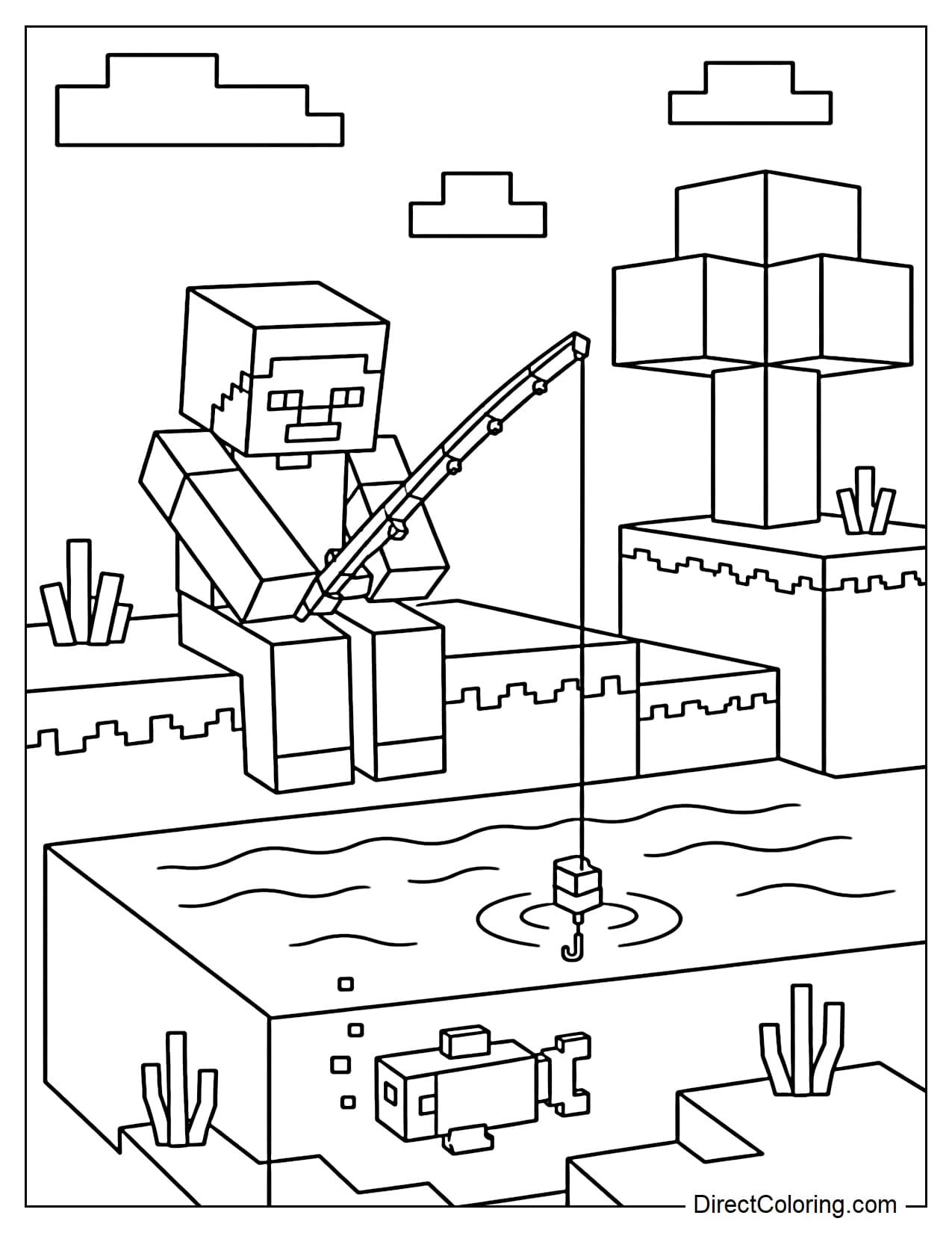 Steve sits fishing beside a simple blocky river, with a small square-shaped tree and a few simple blocky clouds around him.