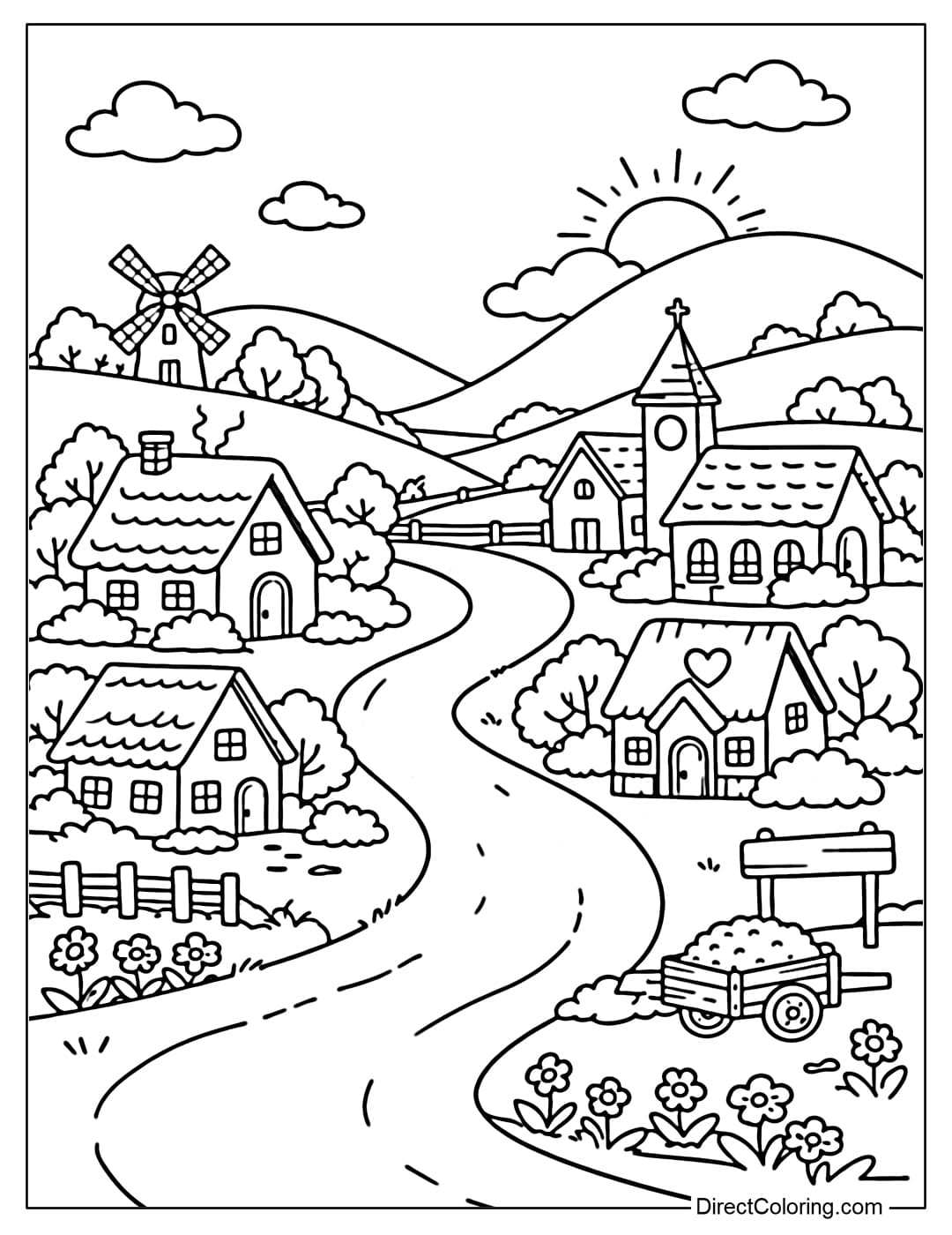 Coloring page of a village nestled among rolling hills and a small road.