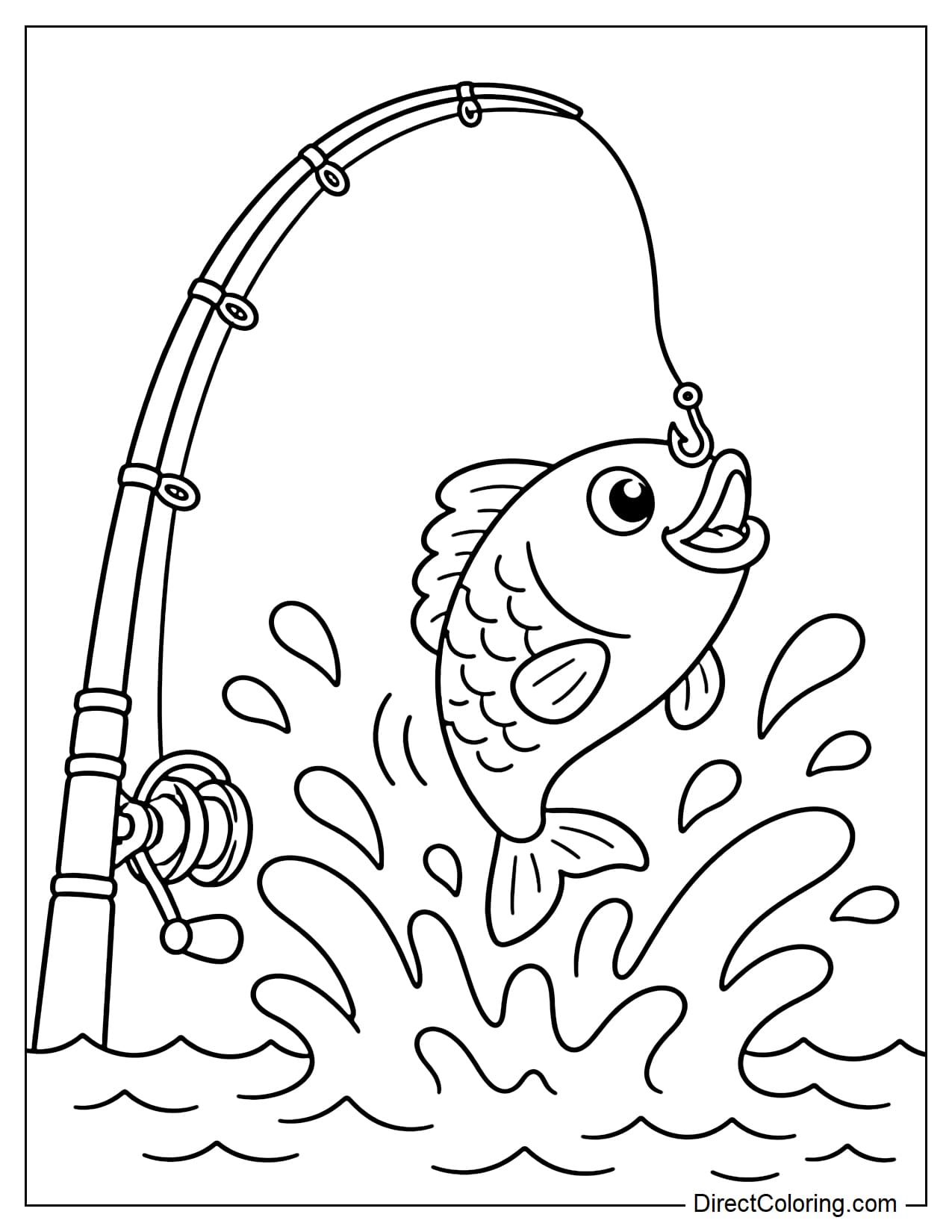 The moment a fish jumps forcefully out of the water creates a simple splash, the fishing rod is pulled in, and water sprays up.