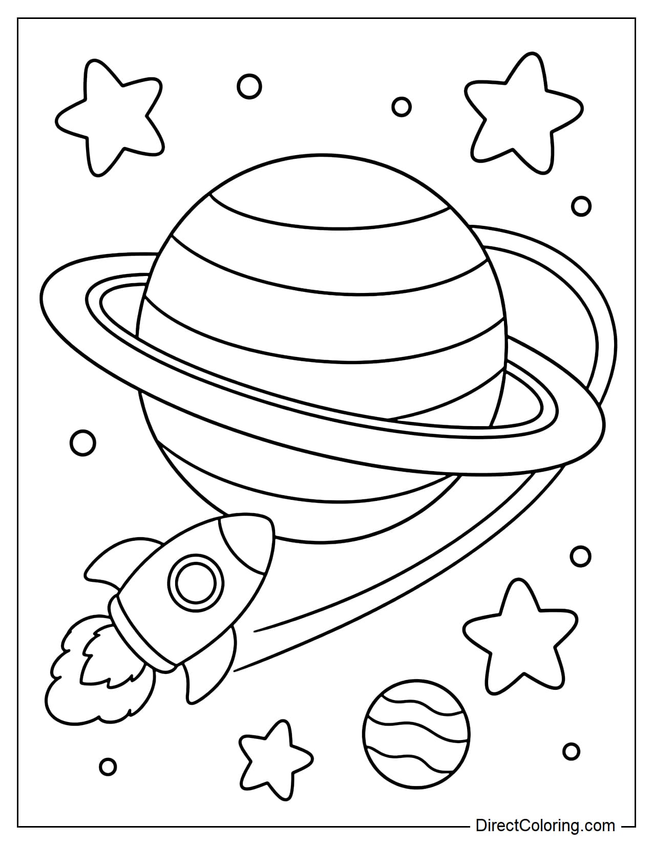 A cute little rocket flying around a large ringed planet like Saturn, with a few stars and another small planet nearby.