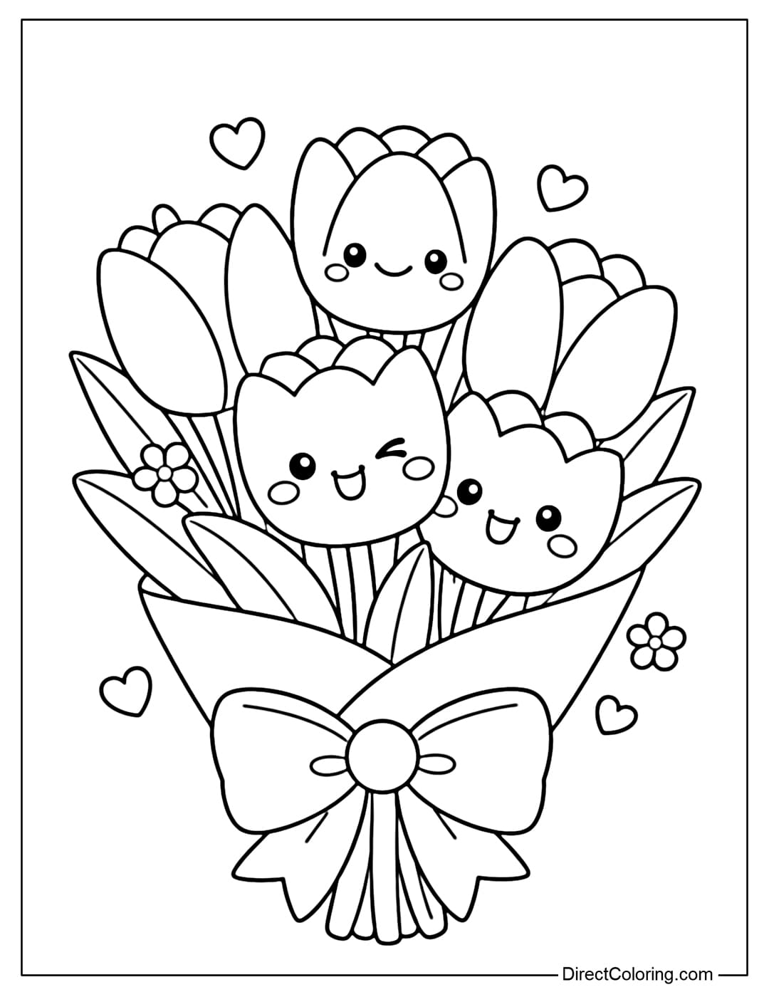 Coloring pages featuring a kawaii-style tulip bouquet with rounded, cute, and approachable lines.