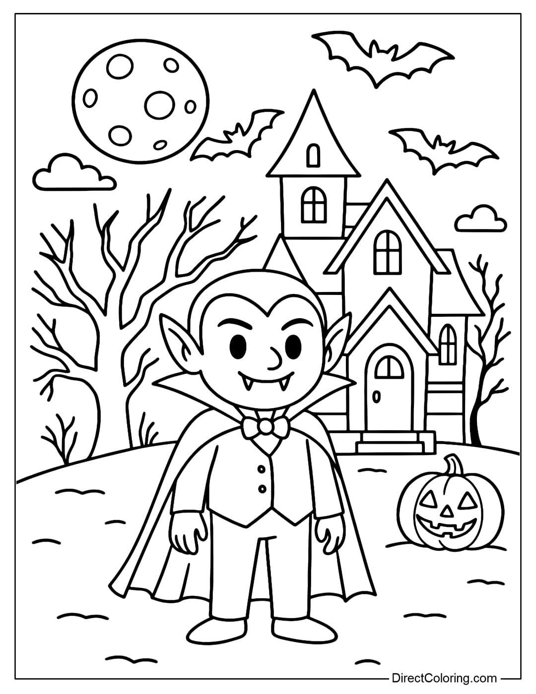 Haunted House Vampire Coloring Page A vampire coloring page standing in front of a haunted house on Halloween night, with glowing pumpkins, flying bats and gloomy dry trees.