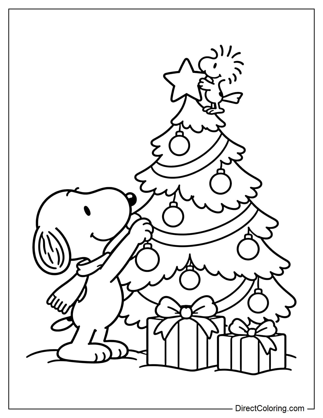 Snoopy decorates a Christmas tree with Woodstock, hanging a round ornament on a branch. Two gift boxes with large bows sit beneath the tree.