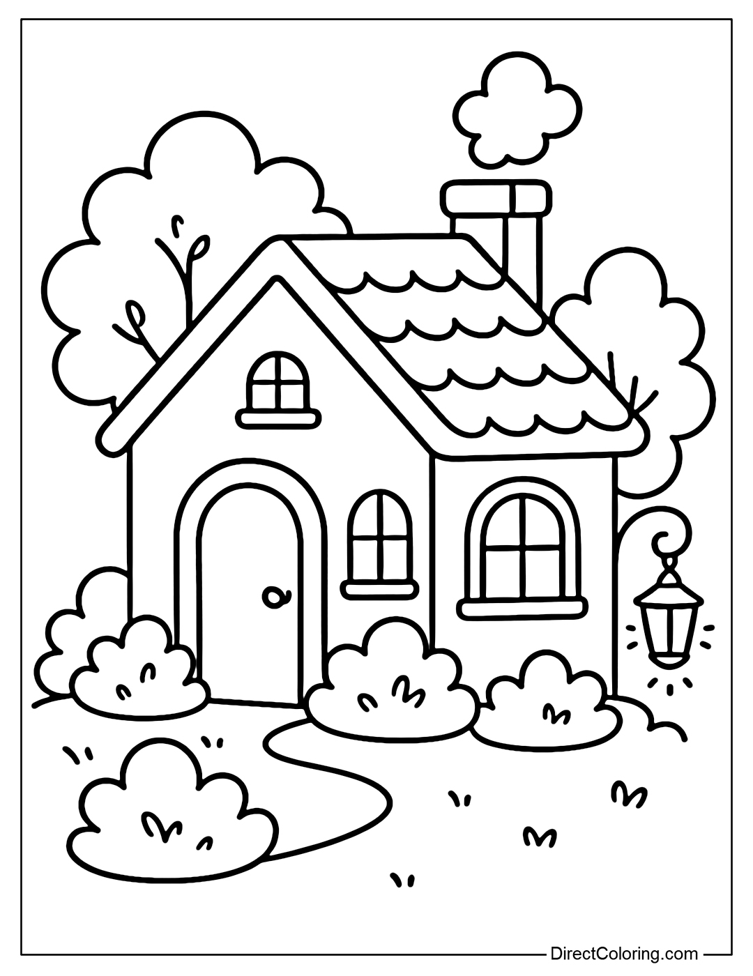 A coloring page of a small house with warm, bright windows, trees and sparkling lanterns outside.