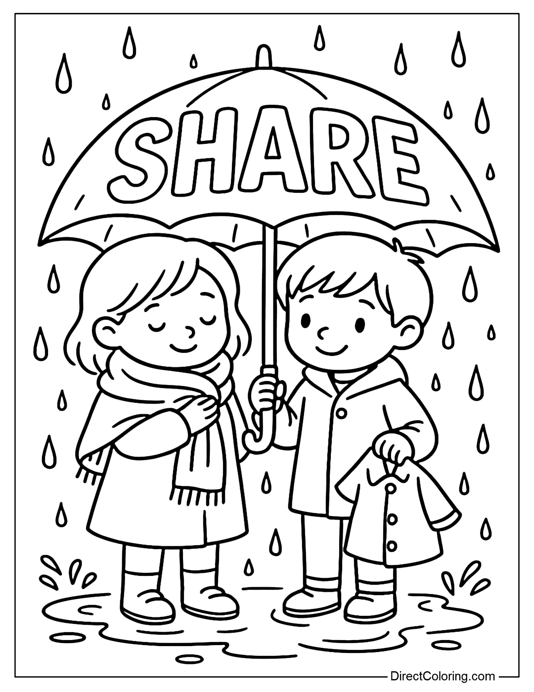 Coloring page Two little friends share a large umbrella in a light rain, the word Share printed on the umbrella. One shares a scarf, the other holds a small raincoat for his friend.
