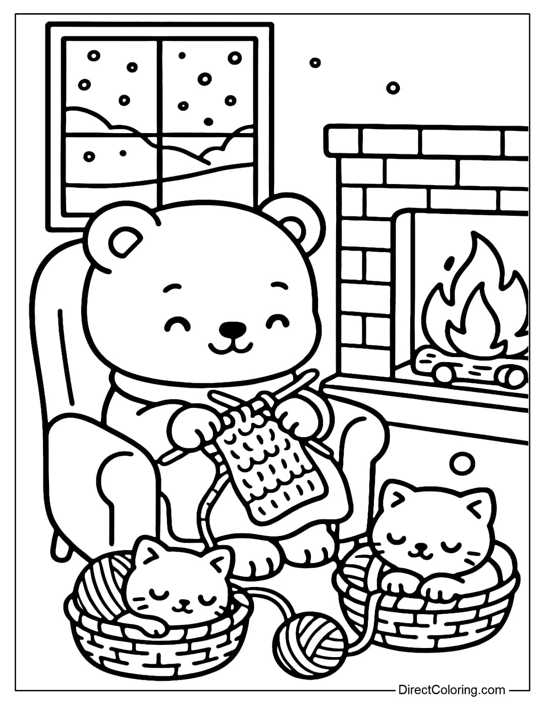 A coloring page of a little bear sitting in a soft, fluffy chair knitting a scarf by the fireplace, with a kitten curled up sleeping in a basket of wool next to him.