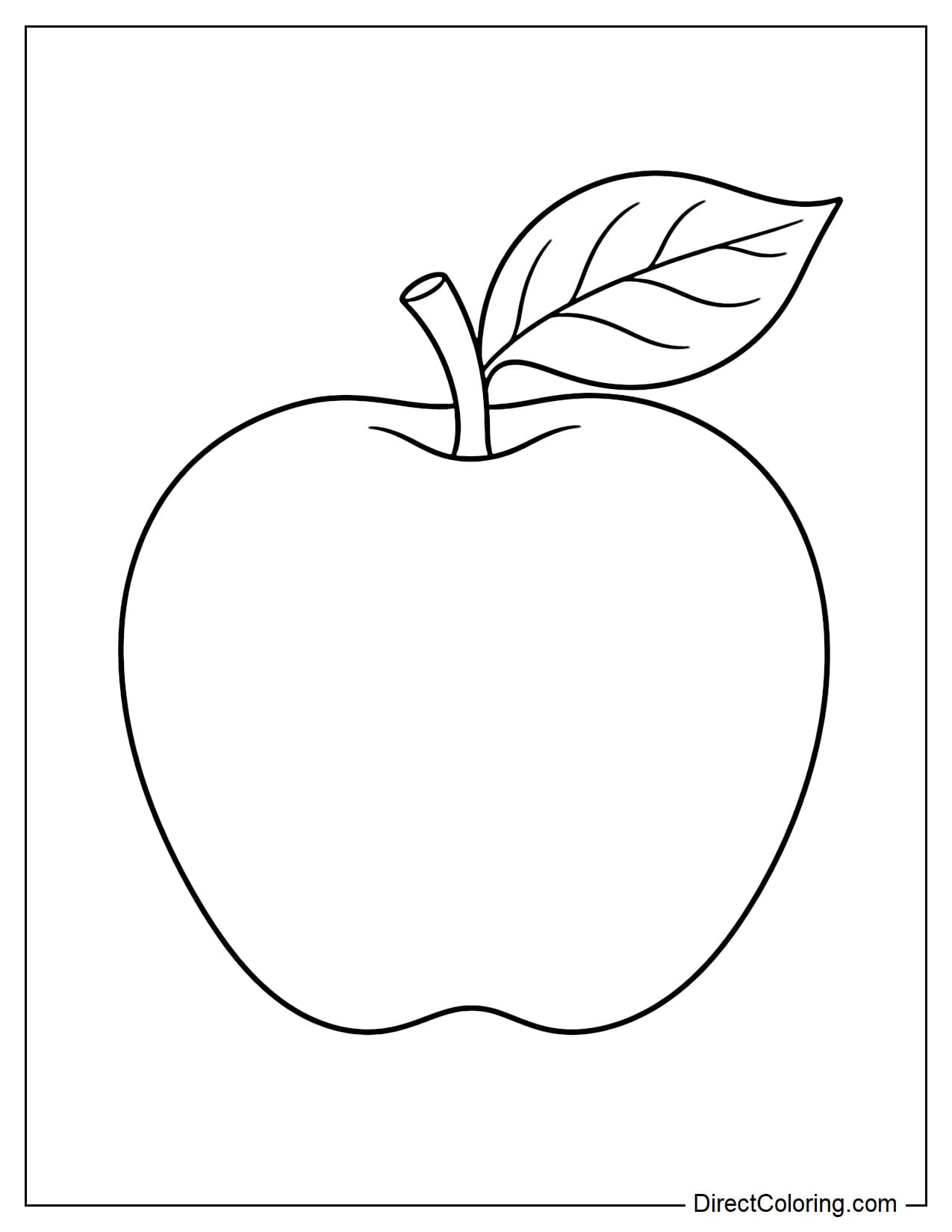 A large whole apple with a short stem and one large leaf tilted to one side.