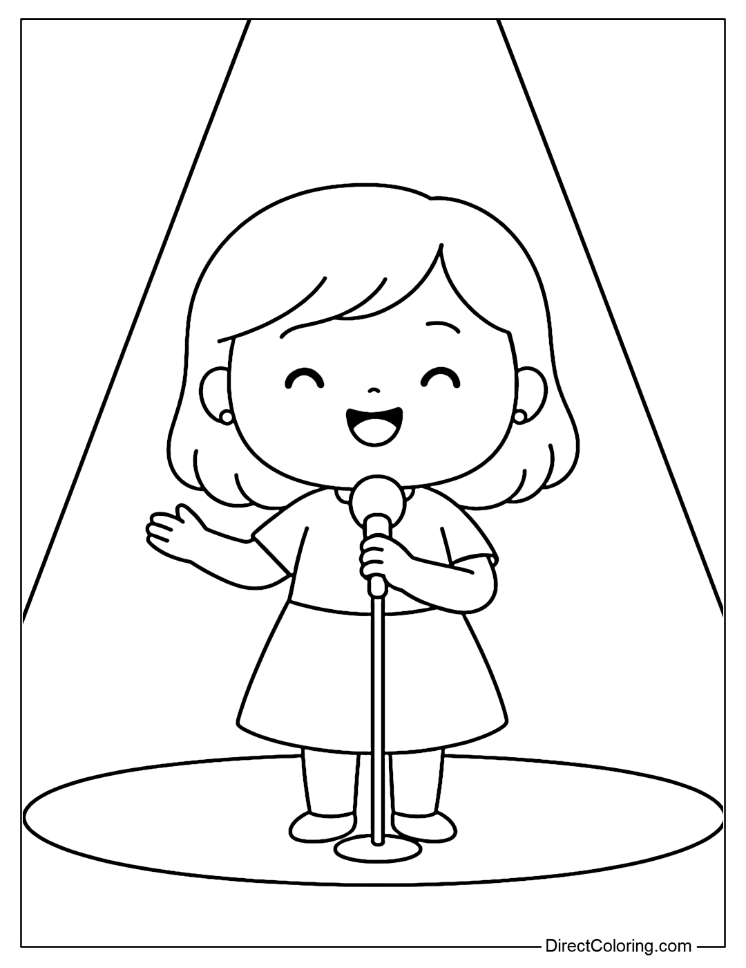 Coloring page of a child standing on stage giving a speech with a bright spotlight.