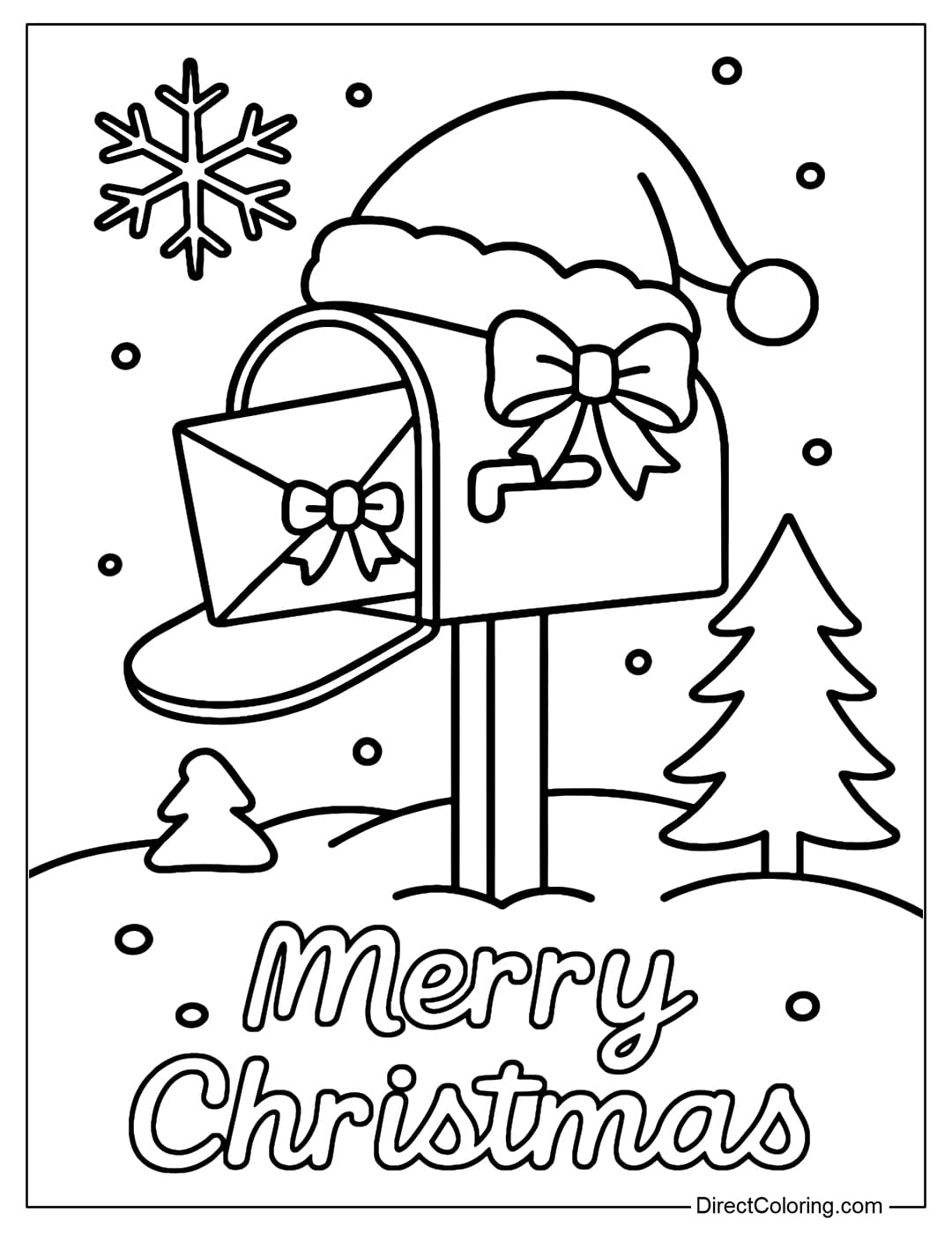 A Christmas mailbox coloring page, surrounded by pine trees and large snowflakes, with a red hat and a big bow on the mailbox, with the words 