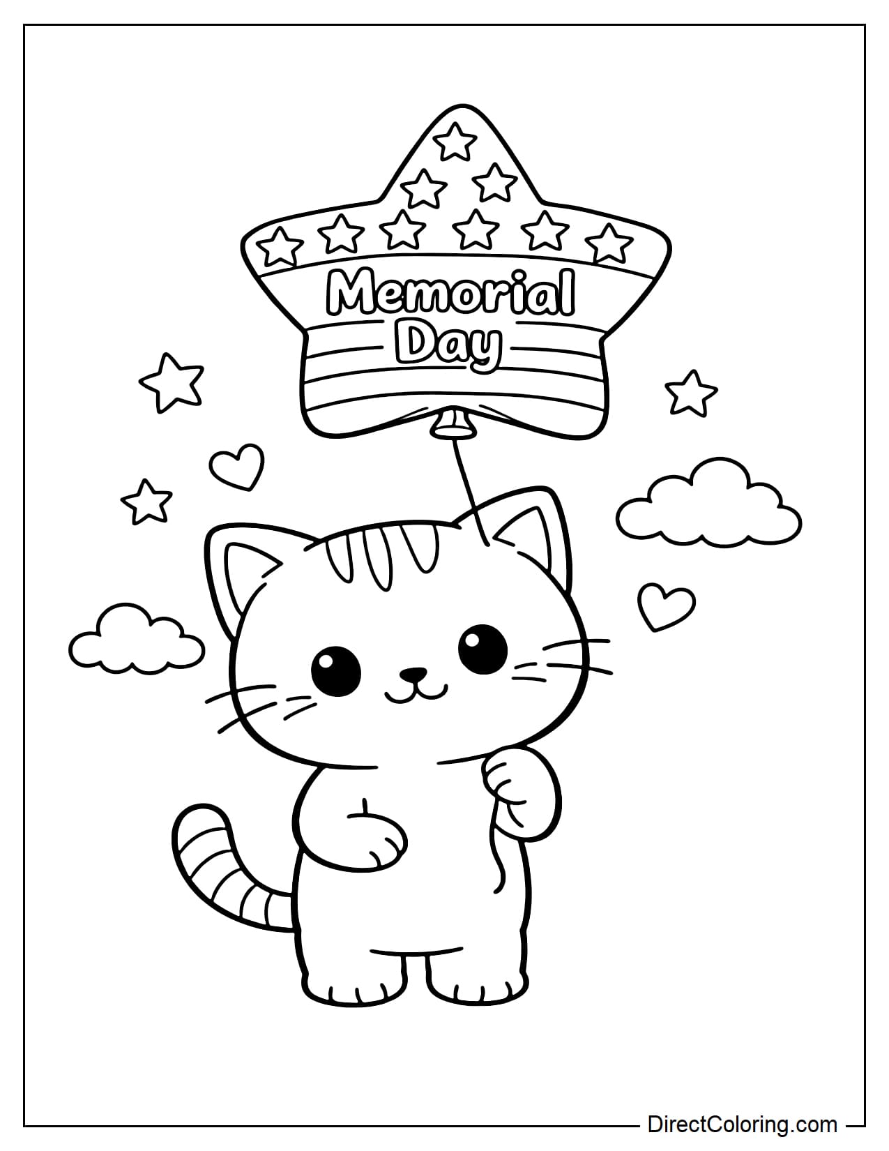 A cute cat holding a star-shaped balloon with an American flag design and the words 