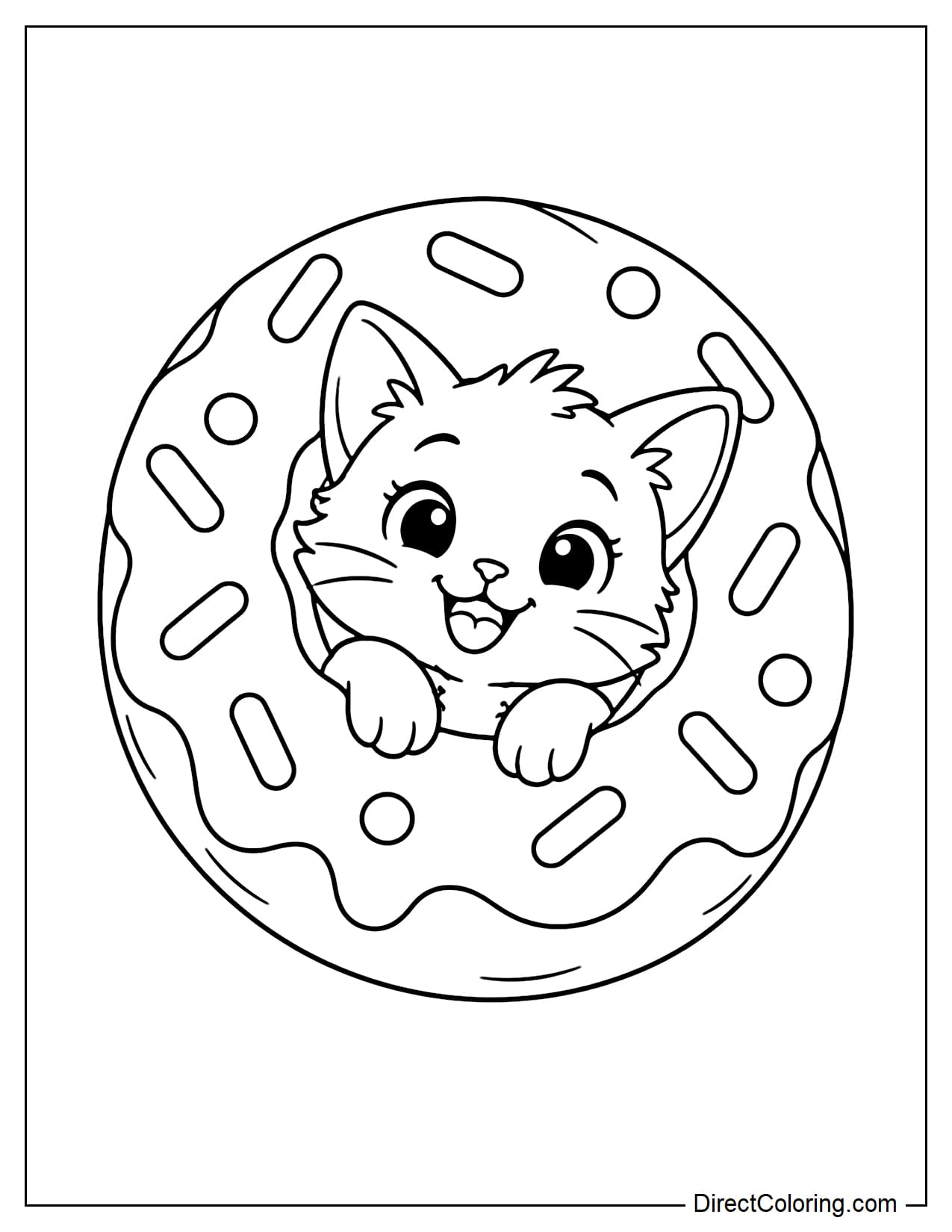 A playful kitten pokes its head and front paws through the center of a giant donut, with its ears perked up and a happy expression.