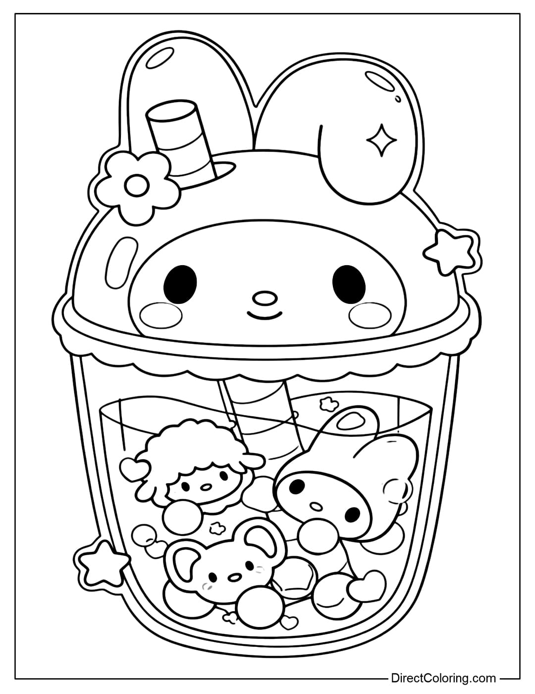 Cute Boba Tea coloring page with adorable My Melody on the lid, inside are cute little friends playing among the tapioca pearls.