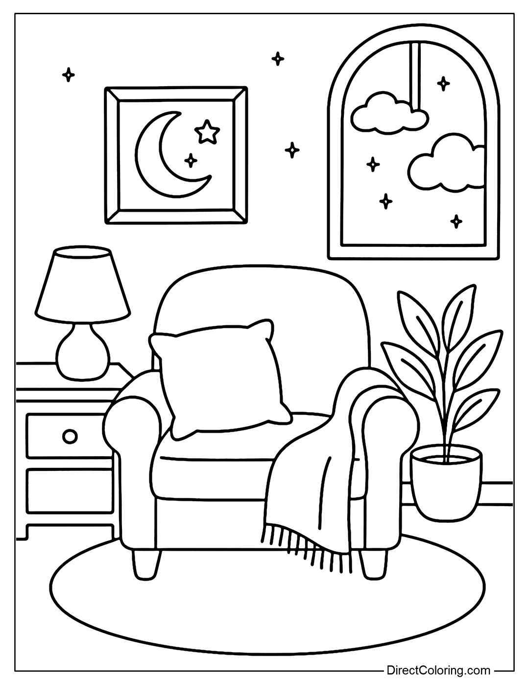 Coloring Page A quiet room, soft lights, soft pillows - a place that represents inner peace. Coloring helps to relax and connect with yourself
