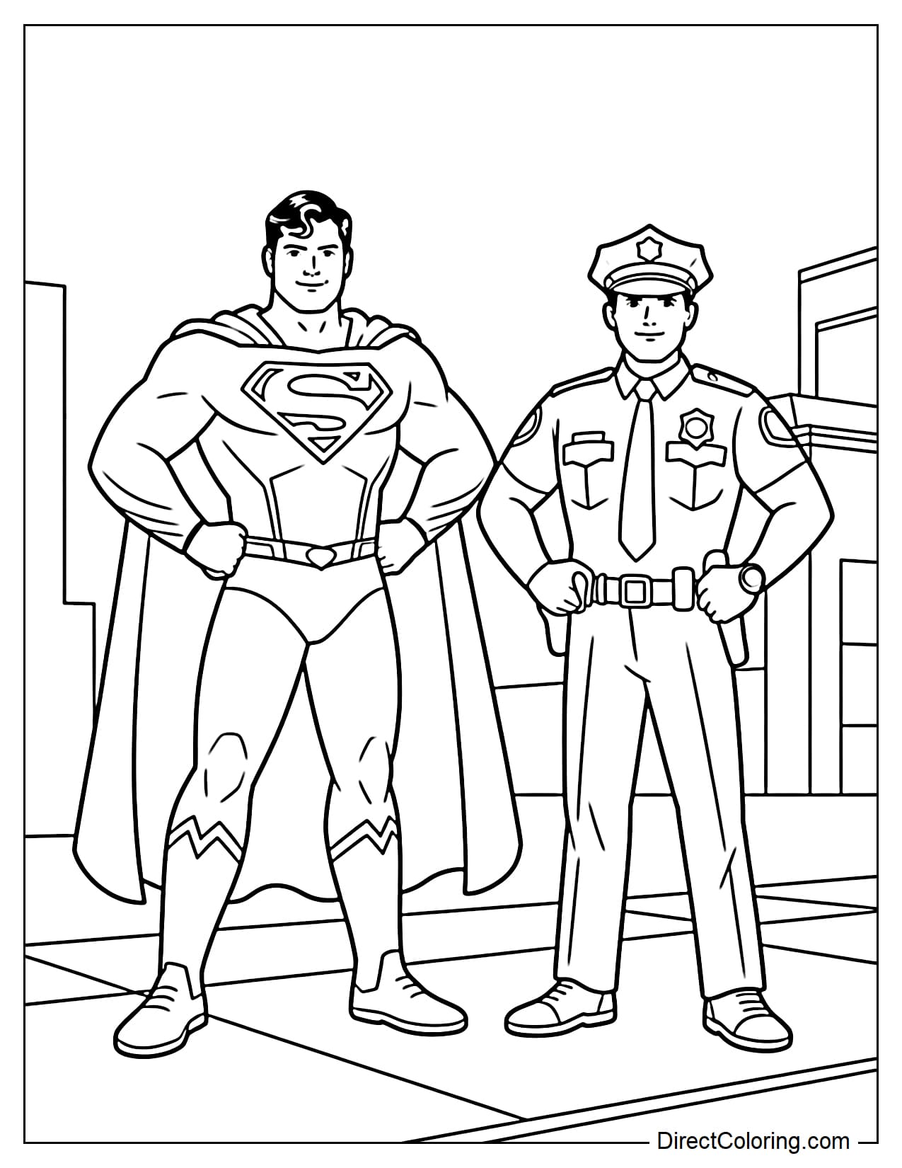 Superman stands next to a police officer in a simple setting, showing a protective spirit.