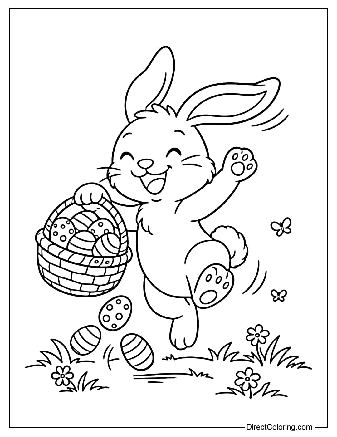 A playful Easter bunny coloring page jumping around and holding a basket full of Easter eggs.